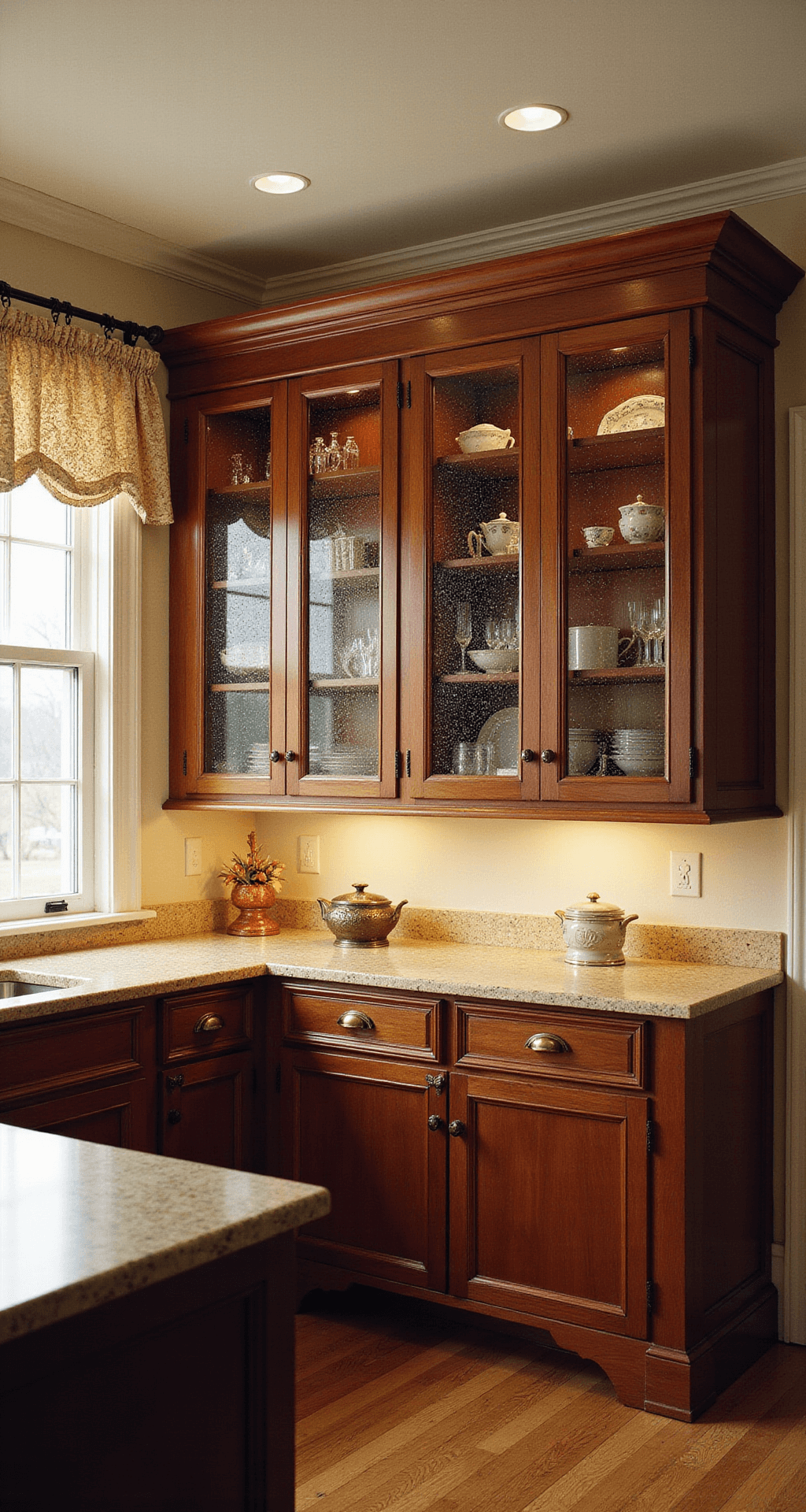 Glass Kitchen Cabinets: Your Ultimate Style & Functionality Guide Intimate kitchen with mahogany cabinets, textured glass panels, ornate crown molding, and warm lighting creating a timeless elegance, captured symmetrically.