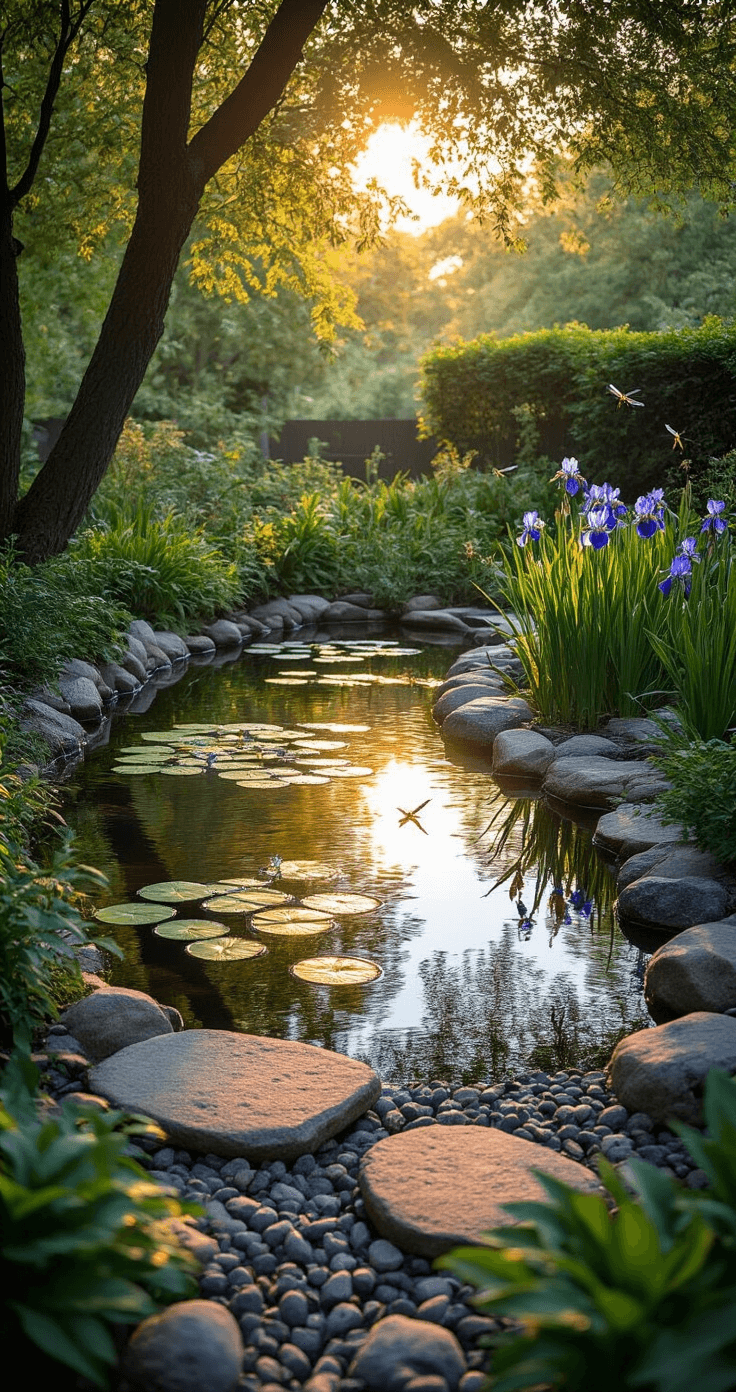 Creating Your Perfect Small Garden Pond: A Comprehensive DIY Guide A serene backyard pond scene at golden hour, featuring a wildlife pond surrounded by native plants and stepping stones, with sunlight creating reflections on the clear water and dragonflies hovering above.
