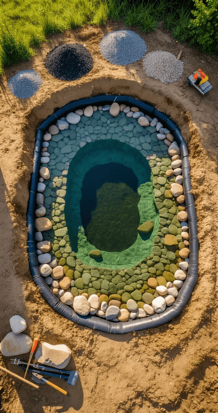 Creating Your Perfect Small Garden Pond: A Comprehensive DIY Guide Wide-angle overhead view of a newly constructed pond featuring varied depth zones, fresh pond liner extending beyond edges, piles of rocks and gravel nearby, and construction tools arranged neatly, all showcased in warm earthen tones contrasting with the black liner under mid-morning natural lighting.