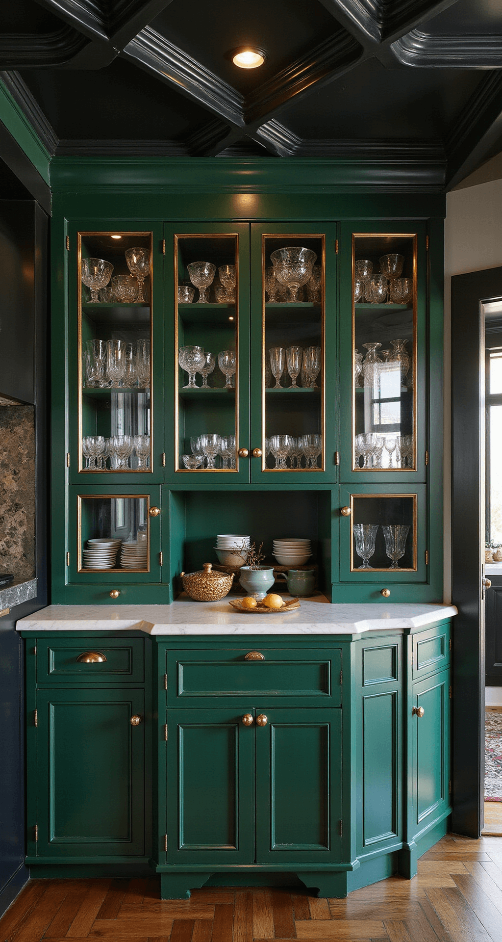 Glass Kitchen Cabinets: Your Ultimate Style & Functionality Guide A sophisticated Art Deco kitchen featuring a geometric coffered ceiling, smoked glass cabinet doors with brass frames displaying vintage glassware and gold-rimmed china, illuminated by evening lighting that casts dramatic shadows, all in a rich emerald green, black, and gold palette.