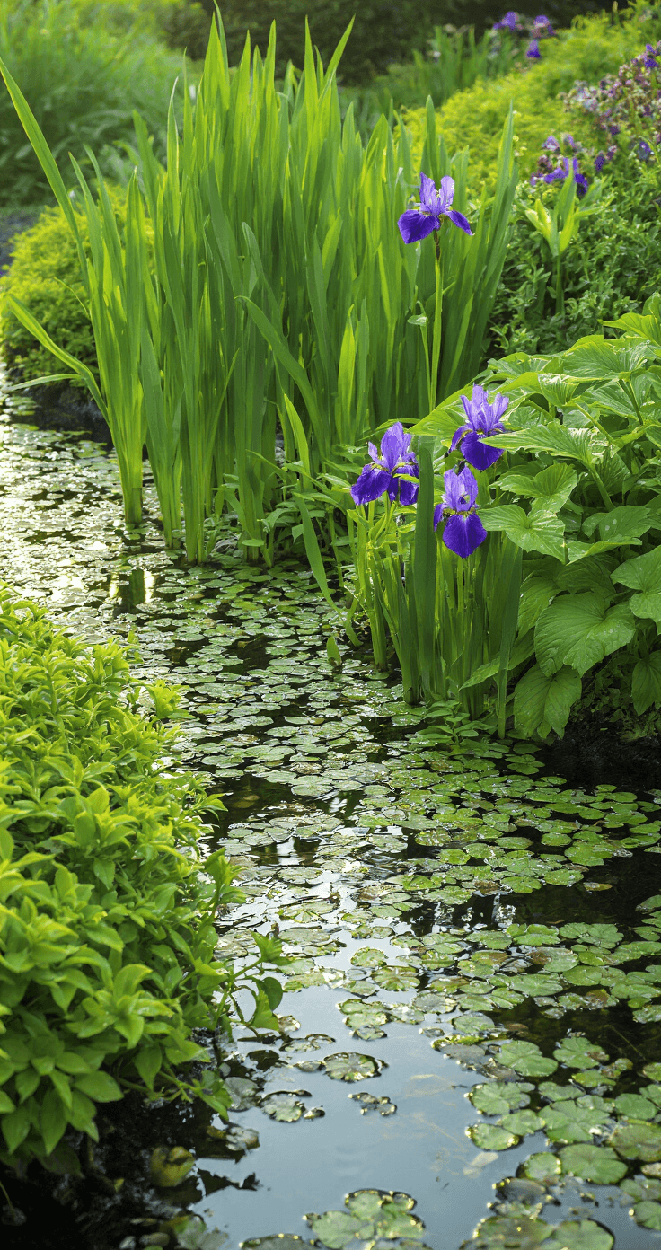 Creating Your Perfect Small Garden Pond: A Comprehensive DIY Guide Close-up of a pond edge with lush layered vegetation at dawn, featuring water iris leaves and submerged plants. Dewdrops glisten on vibrant green leaves, while purple iris blooms add color, all captured in soft, diffused light.