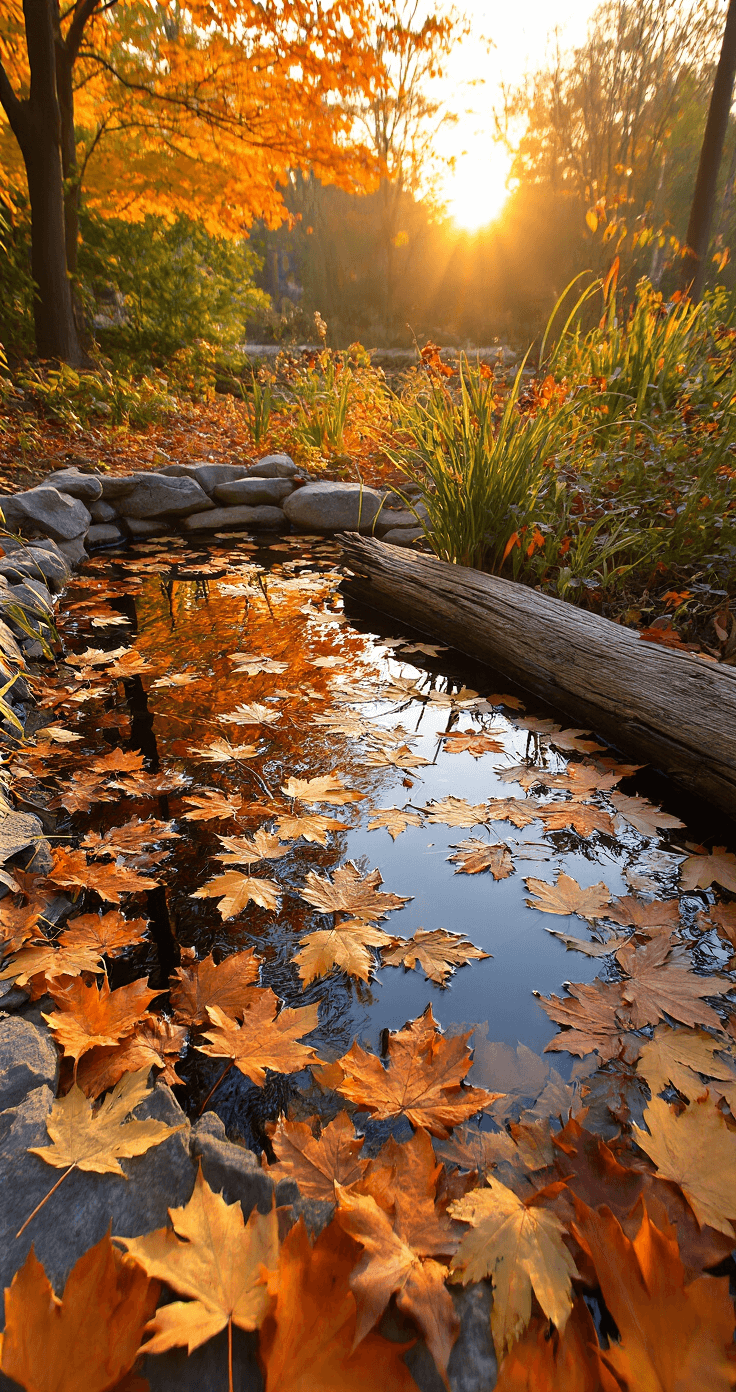 Creating Your Perfect Small Garden Pond: A Comprehensive DIY Guide An eye-level view of a wildlife pond at sunset, with fallen maple leaves in warm copper tones on the surface. Stone edges are visible amidst scattered leaves, while marginal plants display autumn colors. Low sunlight casts dramatic shadows, and a weathered log accents the scene, enhancing the atmospheric mood with a palette of oranges, deep greens, and rich browns.