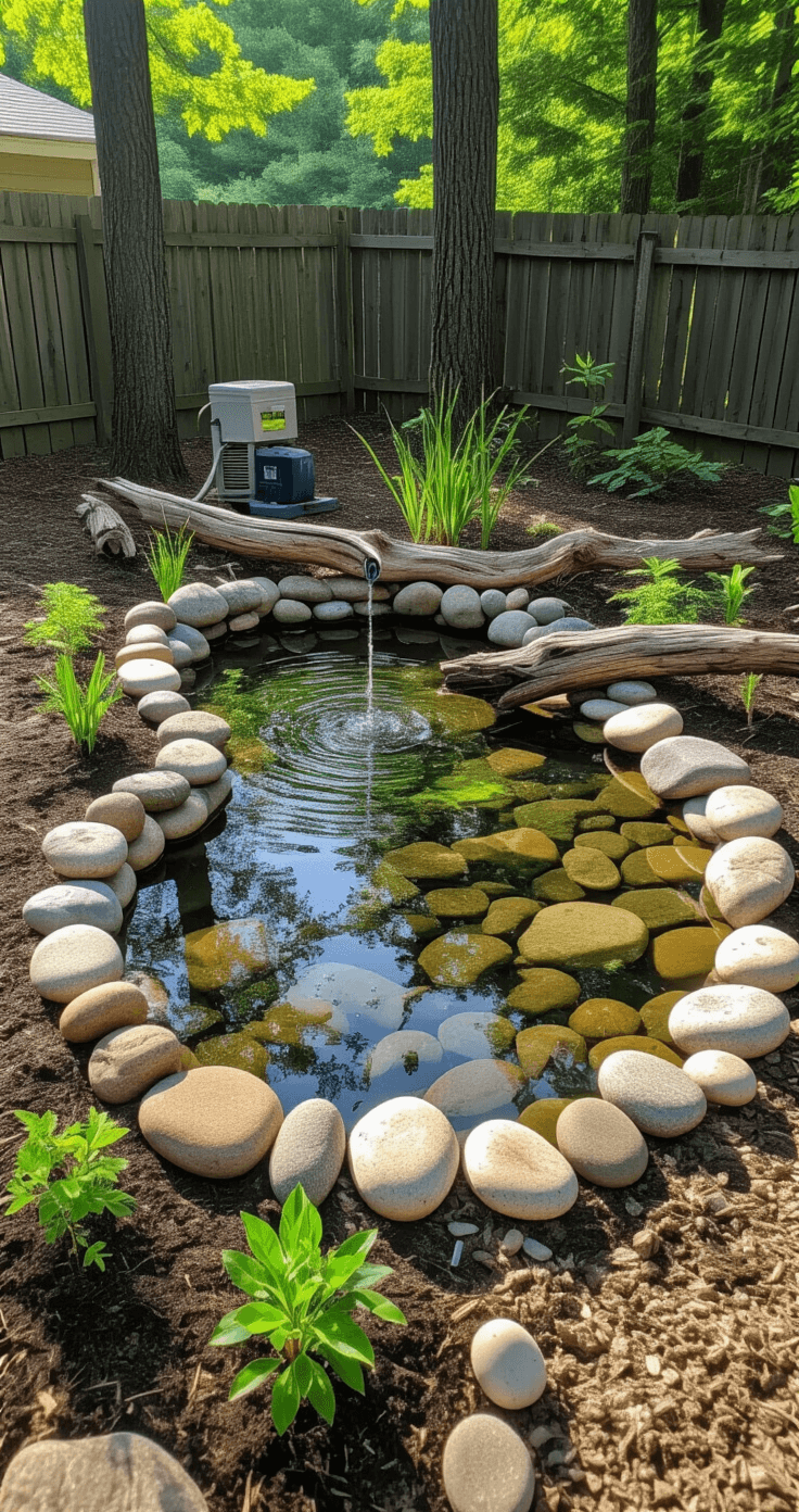 Creating Your Perfect Small Garden Pond: A Comprehensive DIY Guide Elevated view of a budget-friendly pond installation in morning light, showcasing a 4x3ft DIY setup with recycled materials, repurposed stones for edging, driftwood accents, a basic pump system, and native plants ready for planting, all captured in a raw, documentary style.