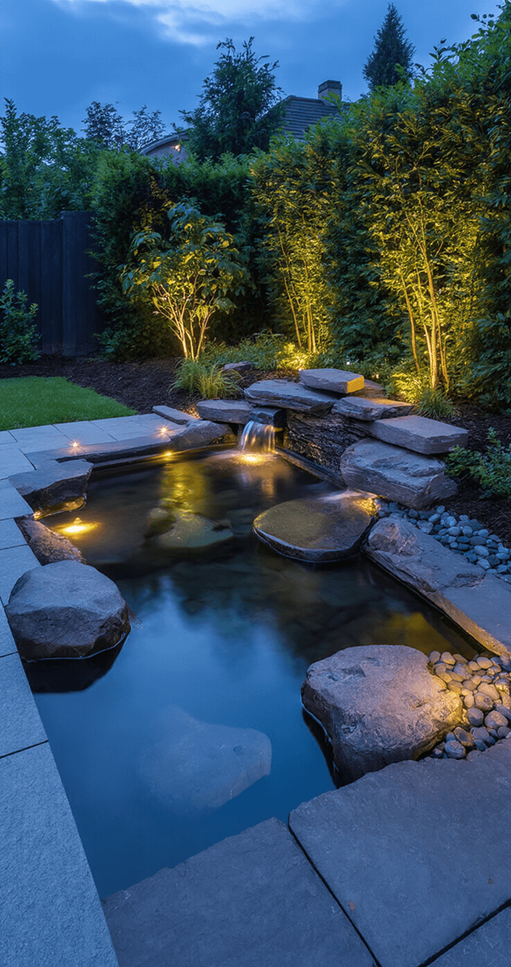 Creating Your Perfect Small Garden Pond: A Comprehensive DIY Guide A professionally designed small garden pond at twilight, featuring LED uplights illuminating water features and plants, with a reflective water surface mirroring the evening sky, surrounded by strategically placed rocks and premium slate edging in a high-end residential setting.