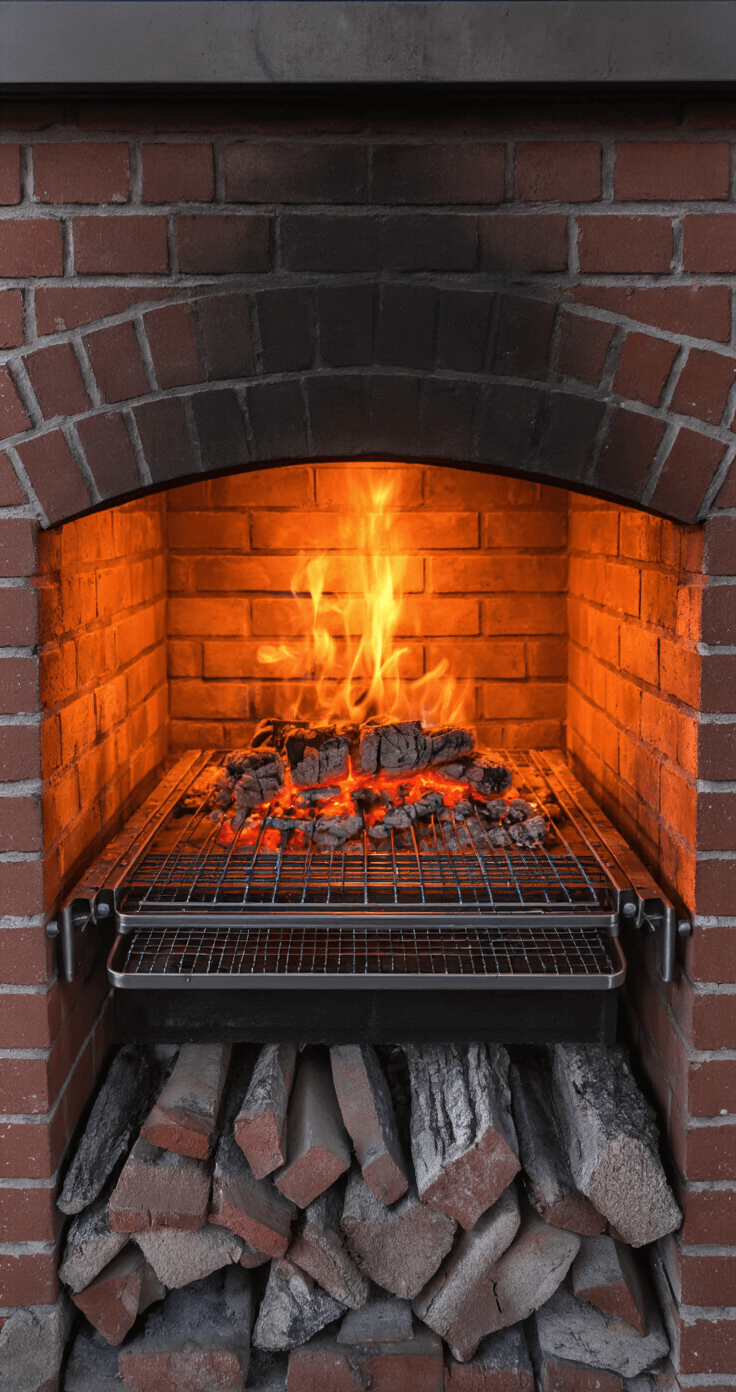 Build the Ultimate Brick BBQ Area: Your Backyard's Best Upgrade Close-up view of a professional-grade brick firebox at dusk, featuring red fire-rated bricks in a 4'x3' cooking chamber, glowing amber from smoldering charcoal. Brushed stainless steel grill grates on heavy-duty brackets and visible cast iron dampers enhance the scene, with smoke wisps and dramatic side lighting accentuating the brick texture in deep reds and charcoal grays.
