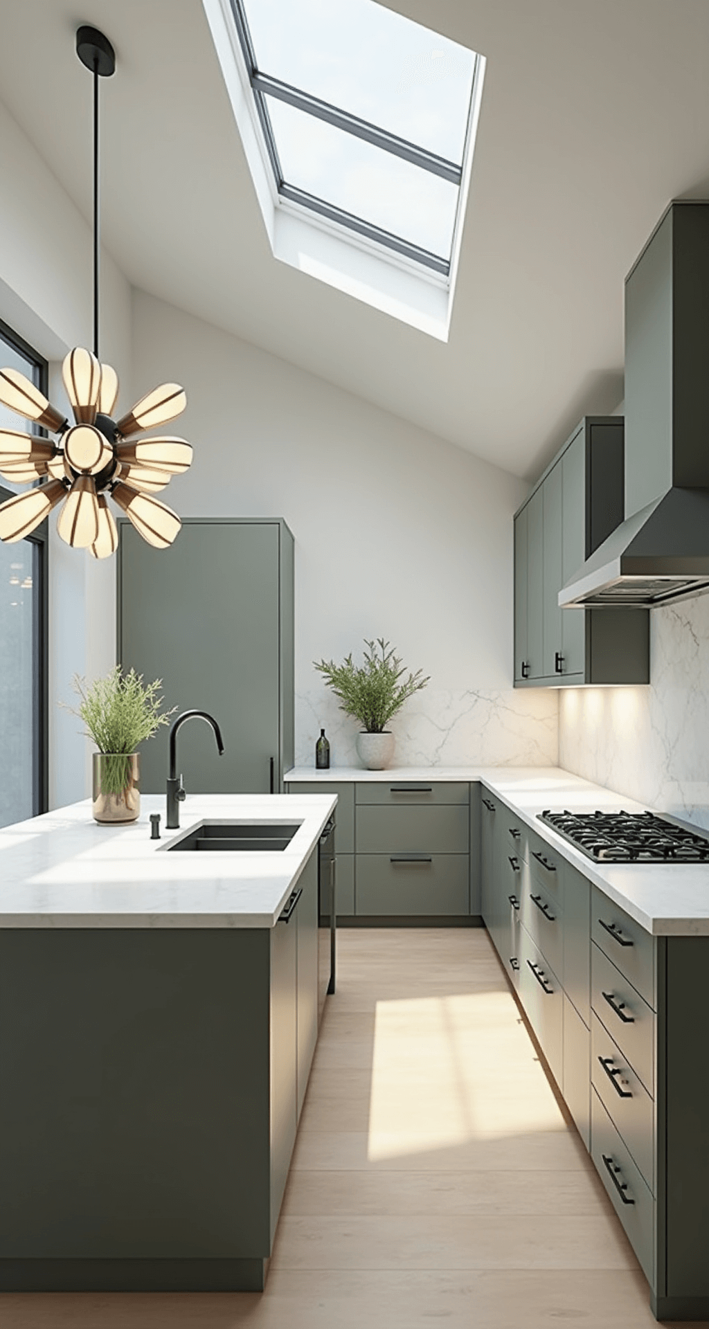 Sage Kitchen Cabinets: Your Ultimate Guide to Trendy, Serene Styling A spacious 16x18ft contemporary kitchen featuring sage slab cabinets, a white marble backsplash, an oversized island with waterfall edges, and pendant cluster lighting, all illuminated by bright midday light and casting high contrast shadows.