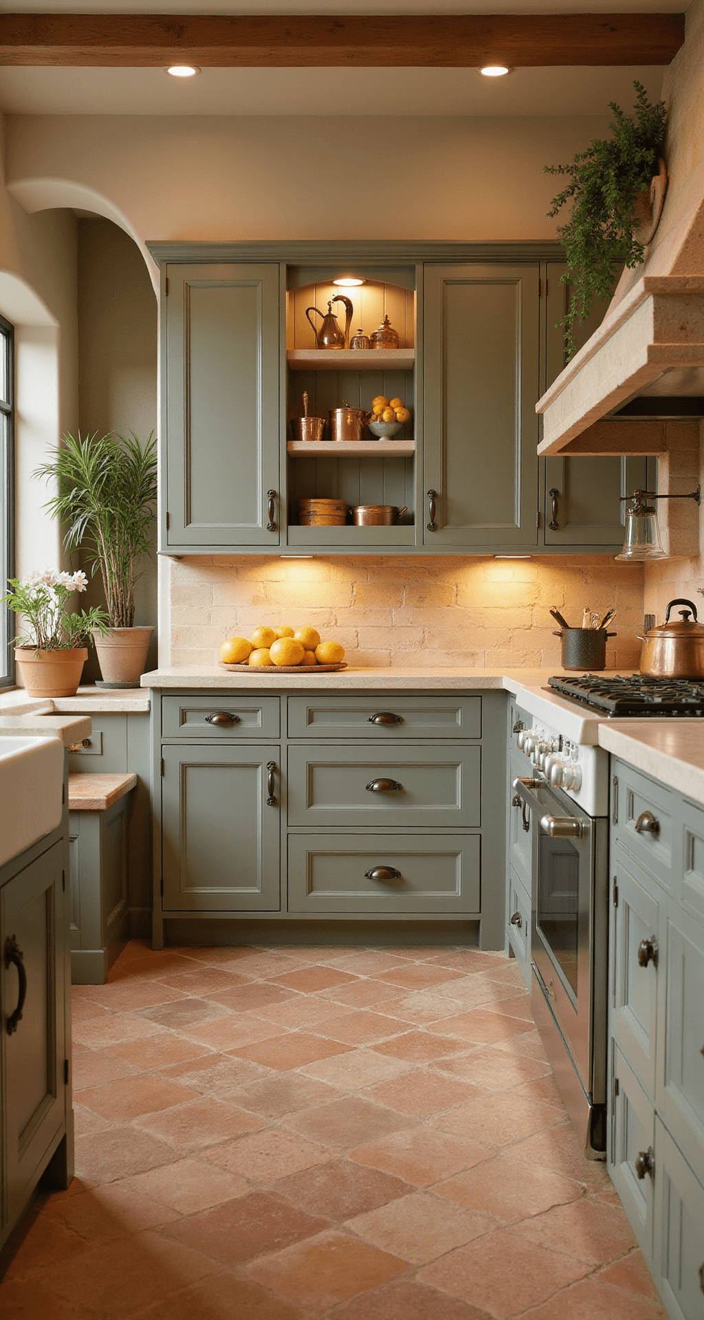 Sage Kitchen Cabinets: Your Ultimate Guide to Trendy, Serene Styling A spacious Mediterranean kitchen featuring sage cabinets with ornate bronze hardware, terracotta floors, cream stone countertops, and a hand-painted tile backsplash, illuminated by warm afternoon light. Copper cookware is displayed, and organic elements like citrus fruits add to the earthy color palette. The scene is framed by arched doorways, highlighting the architectural details.