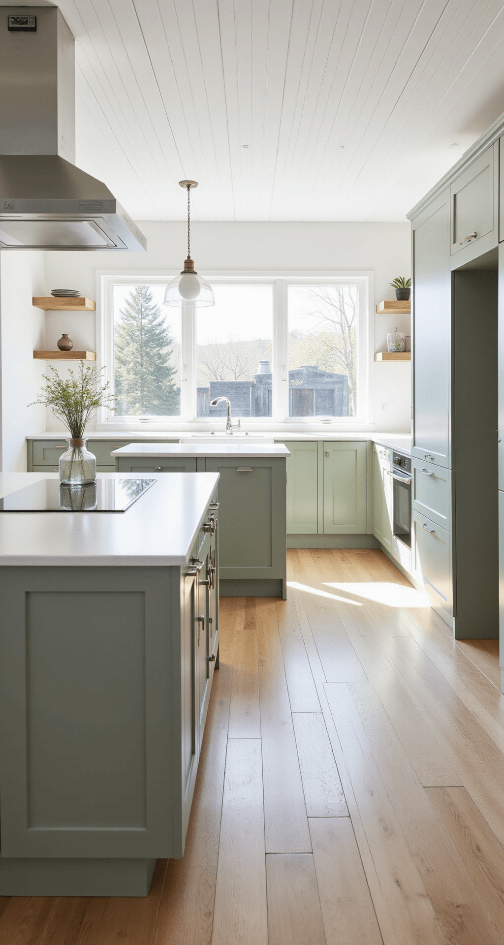 Sage Kitchen Cabinets: Your Ultimate Guide to Trendy, Serene Styling A bright and airy Scandinavian-inspired kitchen featuring sage cabinets and light oak floors, bathed in morning light from large windows, with minimal upper cabinets and floating shelves, showcasing a harmonious flow from the living area.