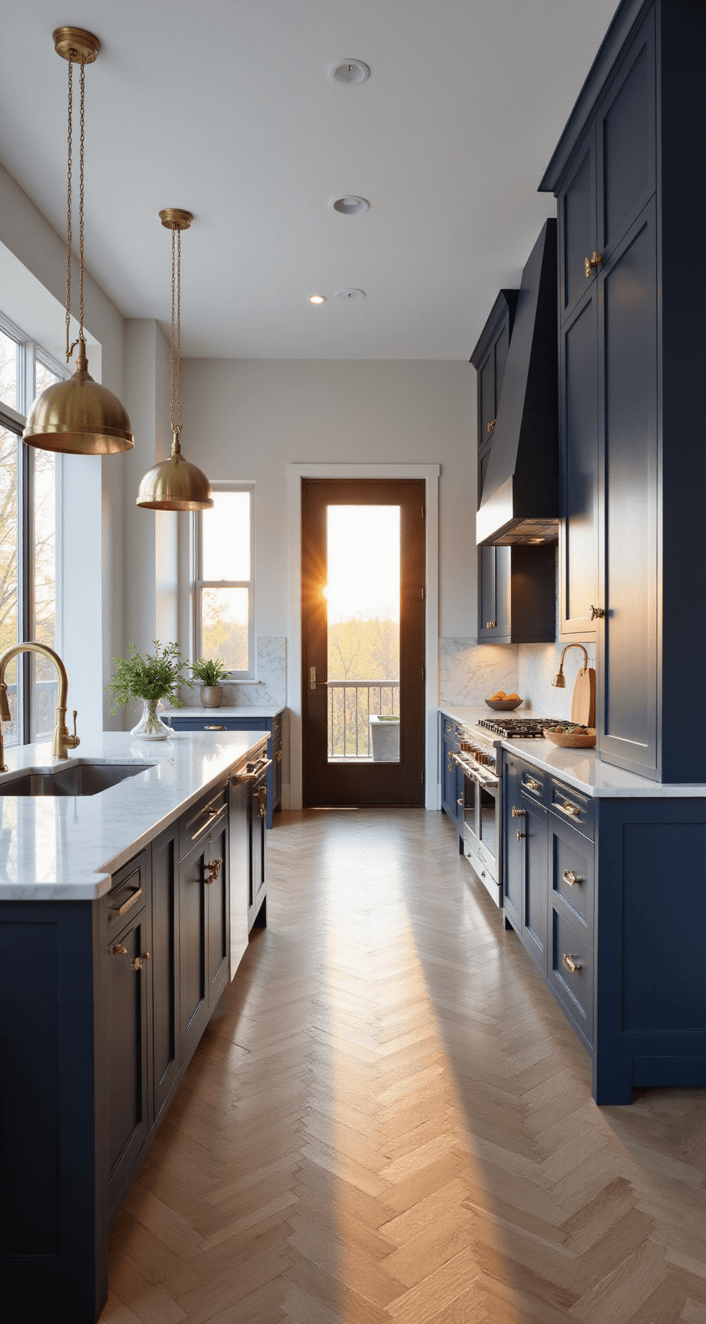 Navy Kitchen Cabinets: A Comprehensive Style Guide for Stunning Interiors Elegant modern navy kitchen with warm golden hour light, featuring ceiling-height cabinetry, white Carrara marble, a waterfall island, and light oak herringbone floors, captured from the entrance.