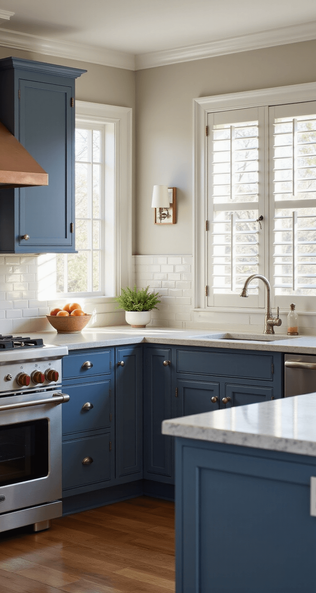 Navy Kitchen Cabinets: A Comprehensive Style Guide for Stunning Interiors A low-angle shot of a traditional navy kitchen featuring shaker-style cabinets, cream quartz countertops, and a free-standing range with a copper hood, illuminated by soft morning light filtering through plantation shutters.
