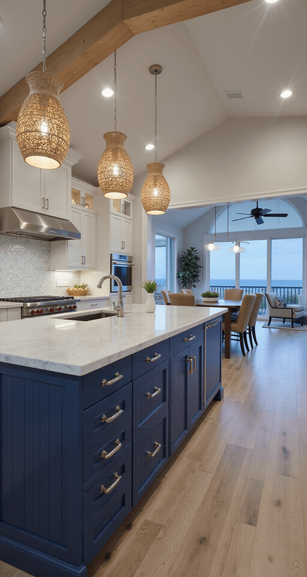 Navy Kitchen Cabinets: A Comprehensive Style Guide for Stunning Interiors Open-concept navy kitchen featuring vaulted ceilings, white quartzite counters, and a glass mosaic backsplash, illuminated by cool twilight and warm light from rattan pendant fixtures, with a view from the living area showcasing wide plank whitewashed oak floors.