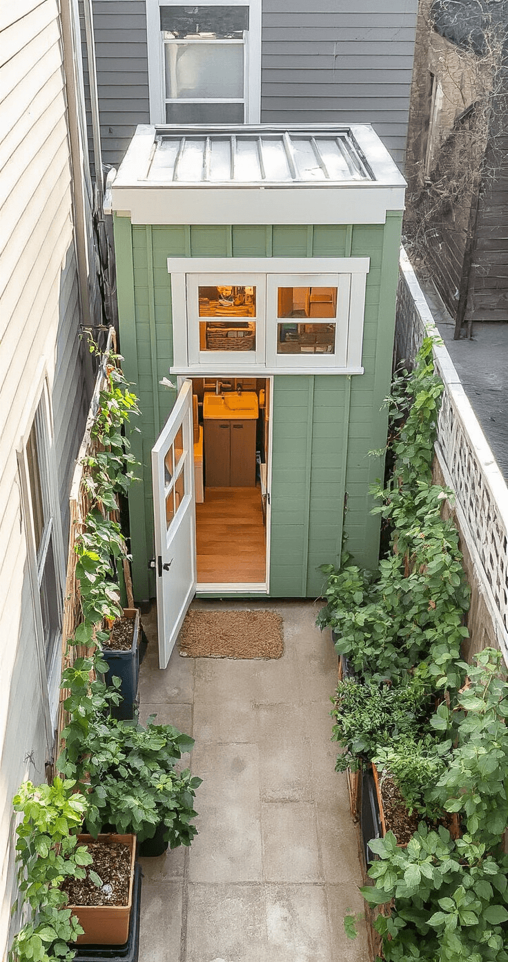 Small Garden Shed: Your Ultimate Space-Saving Storage Solution Bird's eye view of a compact urban shed in a tiny courtyard, featuring a sage green exterior and white accents. Open doors reveal innovative vertical storage solutions. The shed is encircled by a container garden with climbing vines, illuminated by soft morning light and a dewy atmosphere.