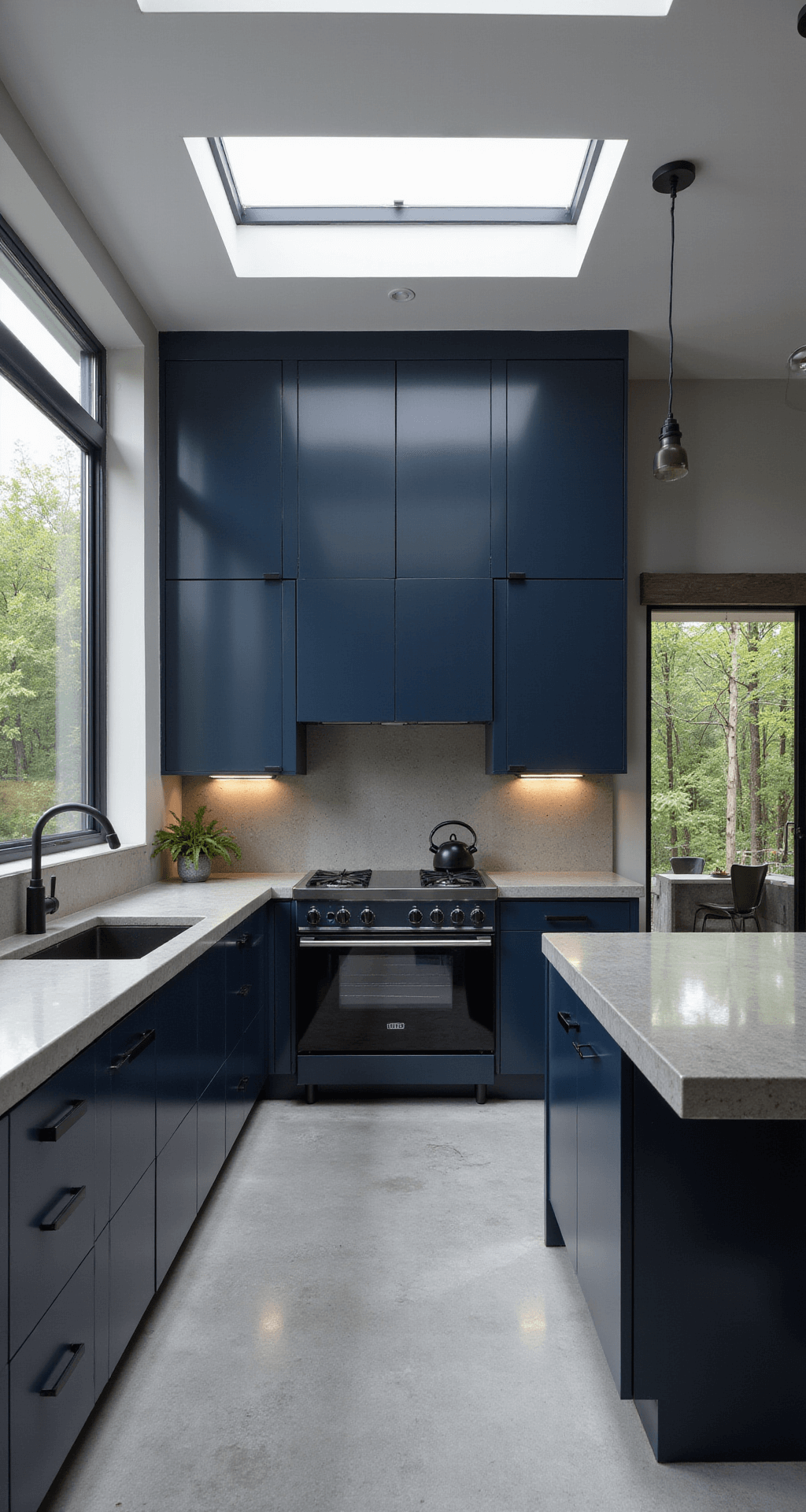Navy Kitchen Cabinets: A Comprehensive Style Guide for Stunning Interiors A contemporary minimalist navy kitchen on a rainy day, featuring high-gloss navy cabinets, concrete countertops, a waterfall island, and a metallic glass tile backsplash, with polished concrete floors and matte black fixtures, all illuminated by diffused grey daylight through clerestory windows.