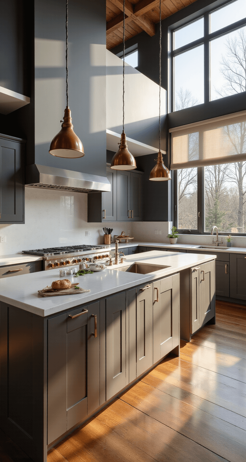 Aluminium Kitchen Cabinets: The Ultimate Modern Design Solution A contemporary kitchen with sleek matte charcoal grey aluminum cabinets and white quartz waterfall countertops, illuminated by morning light through floor-to-ceiling windows. The champagne-colored island, warm wooden flooring, and copper pendant lights add warmth to the industrial aesthetic, featuring professional-grade stainless appliances. Shot from a low angle, showcasing the height and linear design of the space.