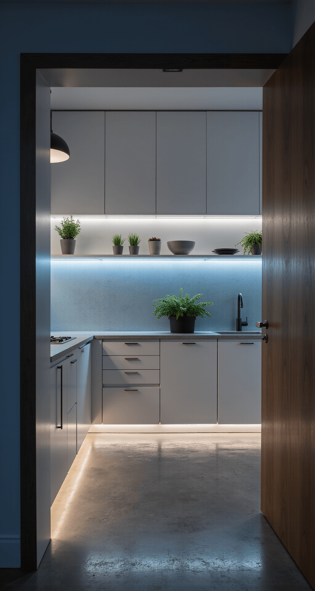 Aluminium Kitchen Cabinets: The Ultimate Modern Design Solution A cozy galley kitchen illuminated by under-cabinet LED lights, featuring seamless pearl white aluminum cabinets, a glass backsplash with blue undertones, and brushed nickel hardware. The concrete floor adds an industrial touch, while potted herbs on floating shelves enhance the minimalist design. The image captures a symmetrical view from the entrance, highlighting dramatic shadows and a pendant light creating a focal point.