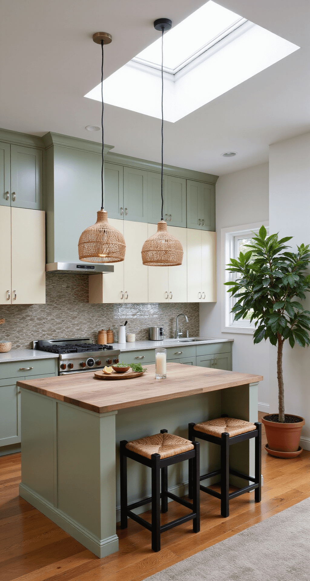 Aluminium Kitchen Cabinets: The Ultimate Modern Design Solution Modern open-concept kitchen featuring two-tone aluminum cabinets in sage green and cream, a walnut butcher block island, geometric tile backsplash, rattan bar stools, and woven pendant lights, with a large fiddle leaf fig plant in the corner, illuminated by natural light from a skylight.