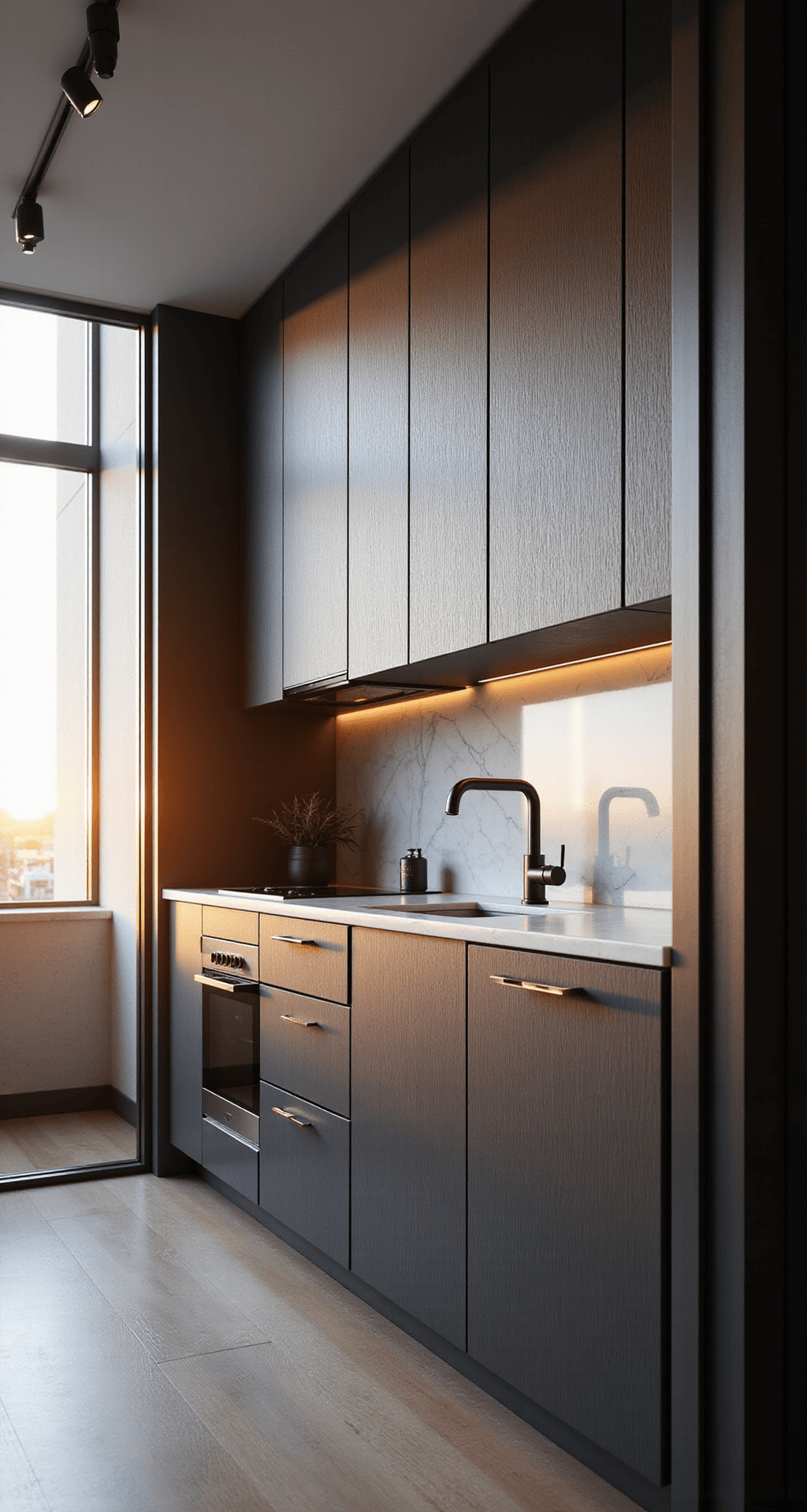 Aluminium Kitchen Cabinets: The Ultimate Modern Design Solution Compact urban kitchen at sunset featuring gunmetal aluminum cabinets with a vertical grain pattern, rose gold accents, white marble surfaces, and black matte appliances, illuminated by warm golden hour light streaming through a window.