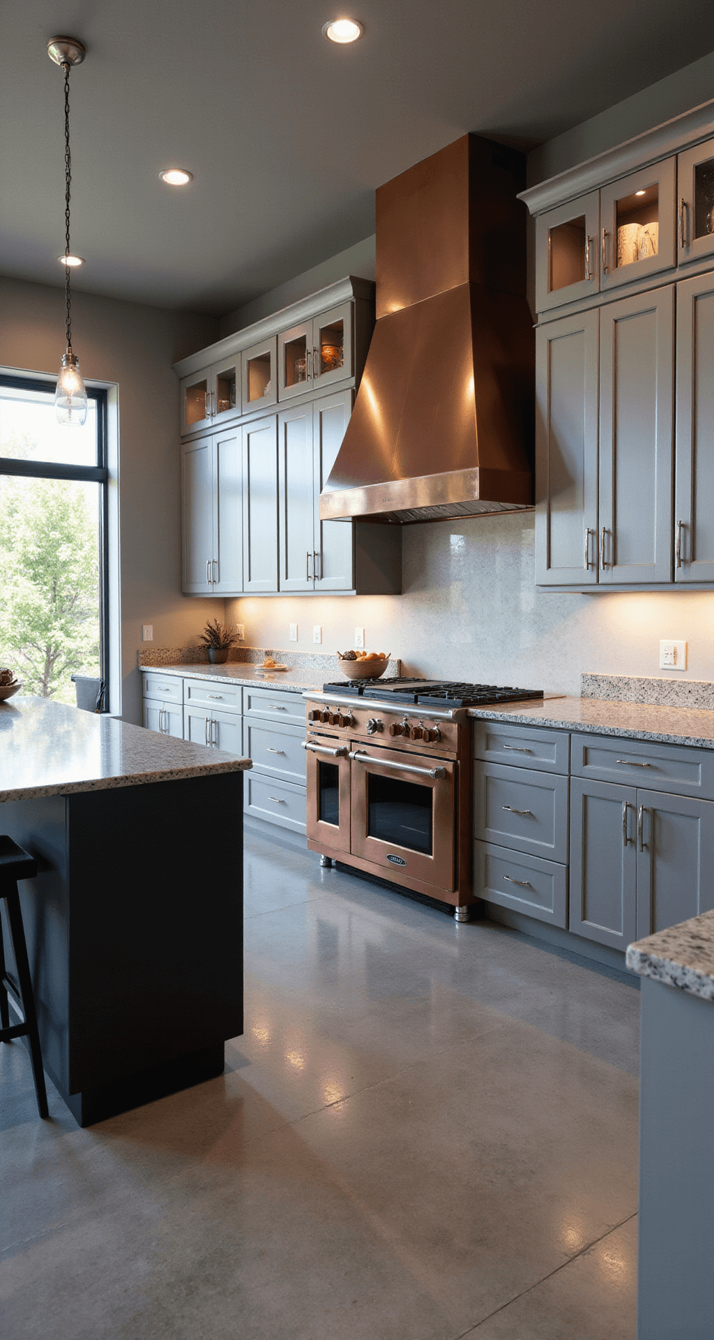 Aluminium Kitchen Cabinets: The Ultimate Modern Design Solution Aerial view of a spacious chef's kitchen with industrial aluminum cabinets, a central island with a granite top, a professional range with a copper hood, and polished concrete floors, all illuminated by natural light and multiple light sources.