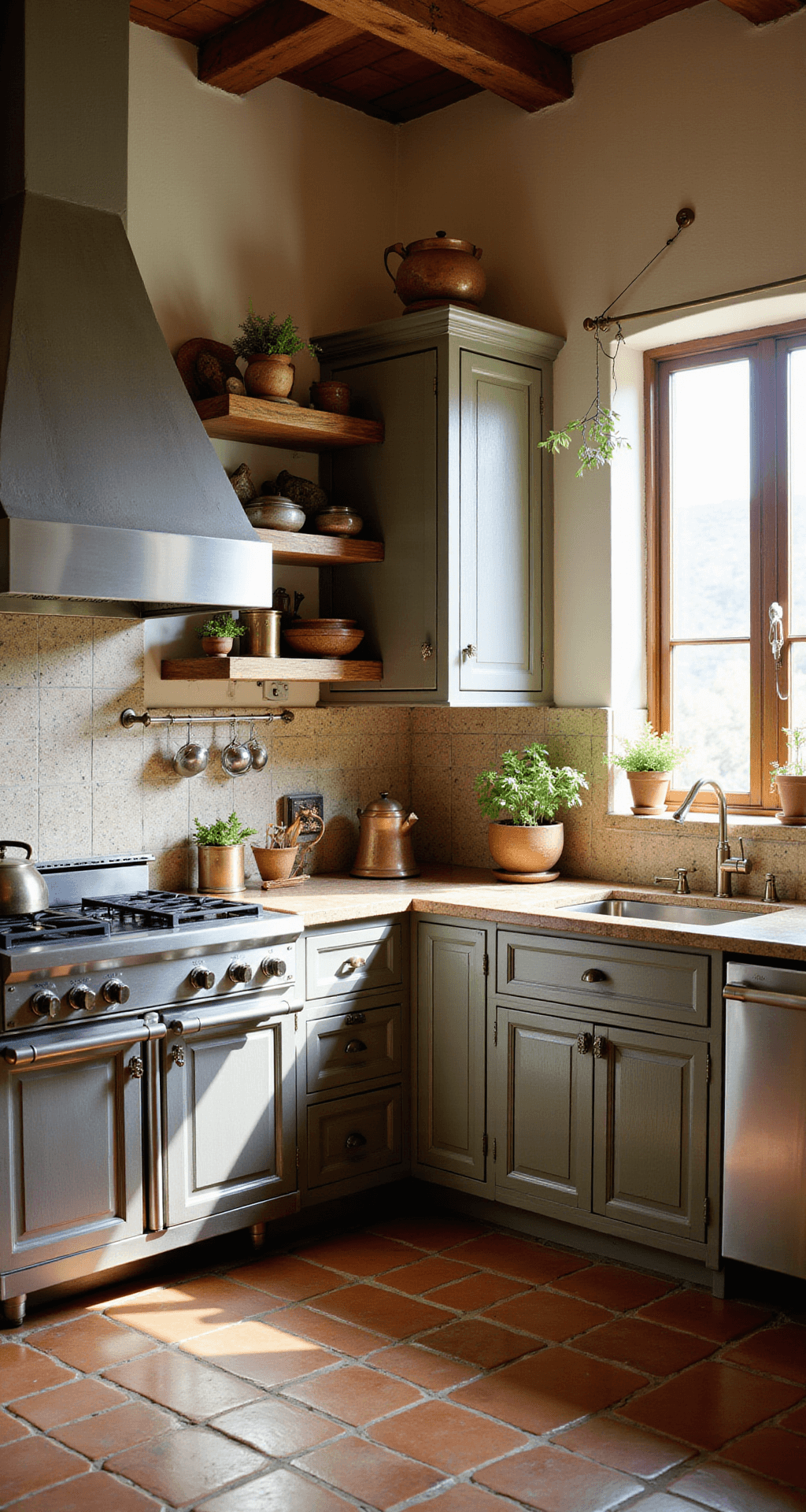 Aluminium Kitchen Cabinets: The Ultimate Modern Design Solution A Mediterranean-inspired kitchen featuring silver aluminum cabinets, a hand-painted tile backsplash, and olive wood open shelving, illuminated by soft afternoon light through an arched window. The rustic terracotta floor tiles and brass fixtures add warmth, while herbs hang above from a ceiling rack, captured from a corner angle to showcase height and depth.