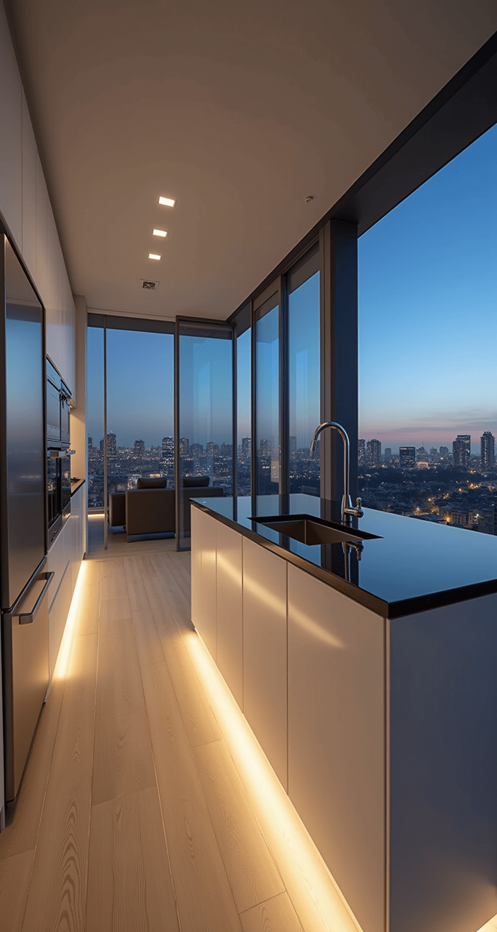Aluminium Kitchen Cabinets: The Ultimate Modern Design Solution A minimalist penthouse kitchen at twilight featuring pure white aluminum cabinets, black granite countertops, LED strip lighting, and chrome appliances, viewed from the living area with a glass partition wall reflecting city lights.