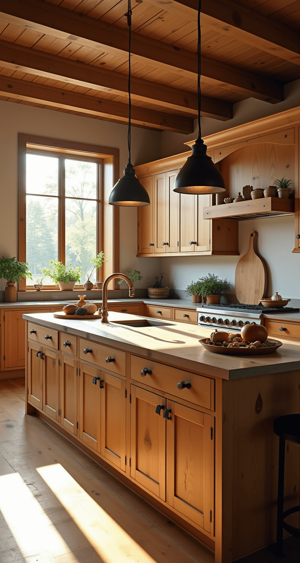 Knotty Alder Kitchen Cabinets: The Ultimate Style Guide for Warm, Rustic Charm Wide-angle view of a sun-drenched kitchen featuring knotty alder cabinets, a butcher block island, vintage copper lights, and artisanal decor, illuminated by soft natural light during golden hour.