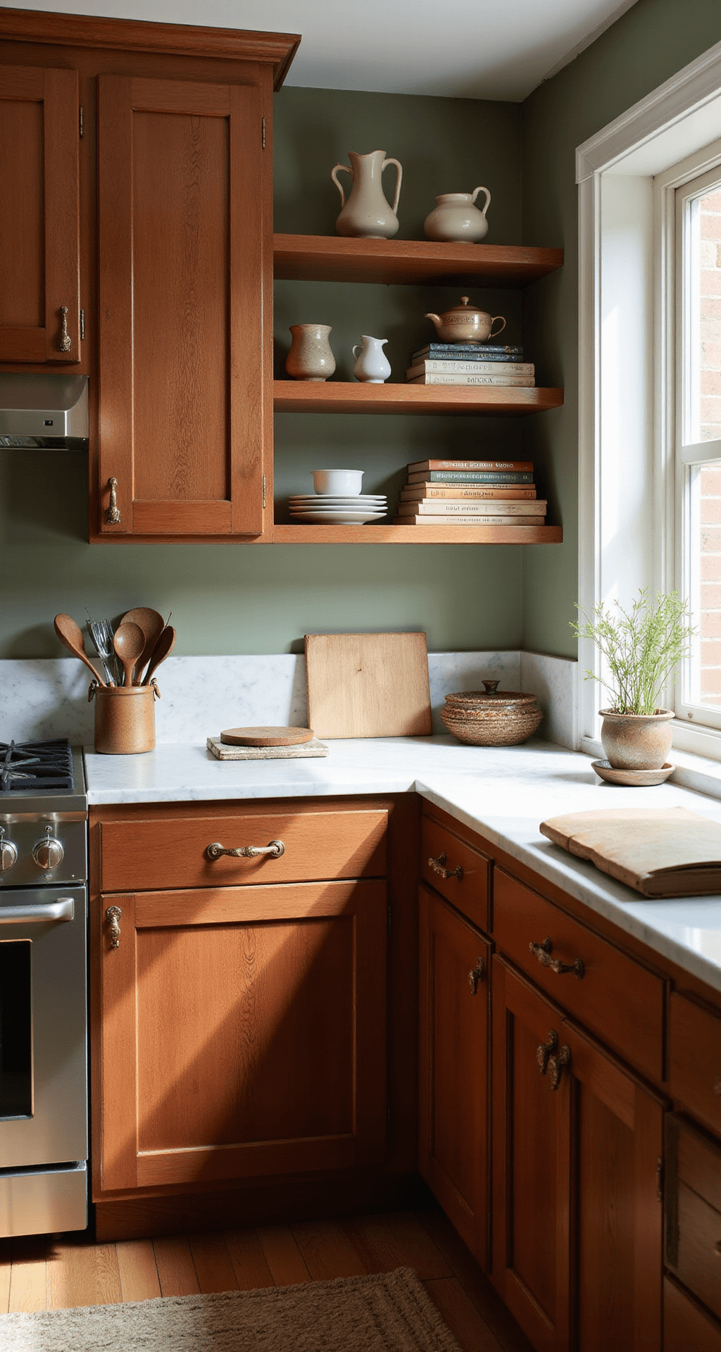 Knotty Alder Kitchen Cabinets: The Ultimate Style Guide for Warm, Rustic Charm A corner detail shot of an L-shaped kitchen in morning light, featuring rich reddish-brown knotty alder cabinets with a pronounced grain, white marble countertops, aged brass hardware, open shelving with pottery and cookbooks, and a sage green accent wall, all highlighted by dramatic shadows from natural light.