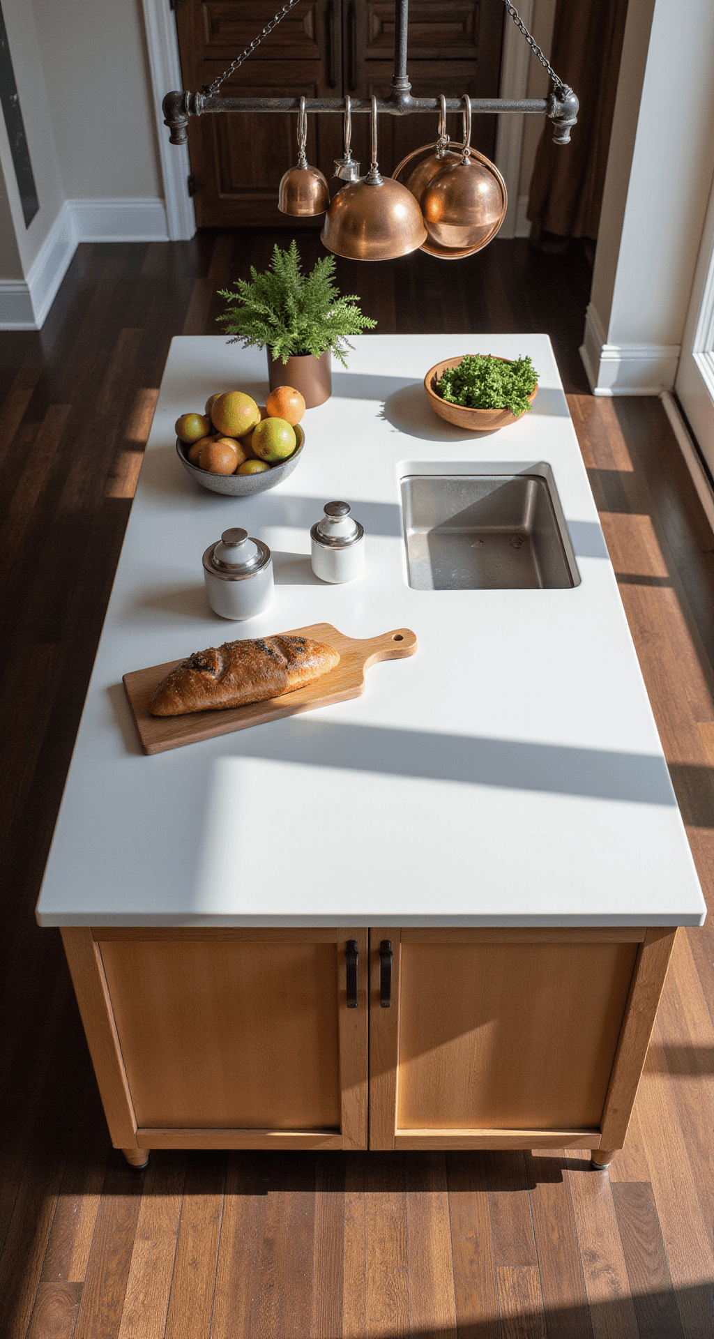 Knotty Alder Kitchen Cabinets: The Ultimate Style Guide for Warm, Rustic Charm Overhead view of a kitchen island featuring knotty alder base cabinets, a white quartz waterfall countertop, copper cookware hanging above, and styled with artisanal bread, fresh produce, and ceramic vessels, all set on dark hardwood floors.