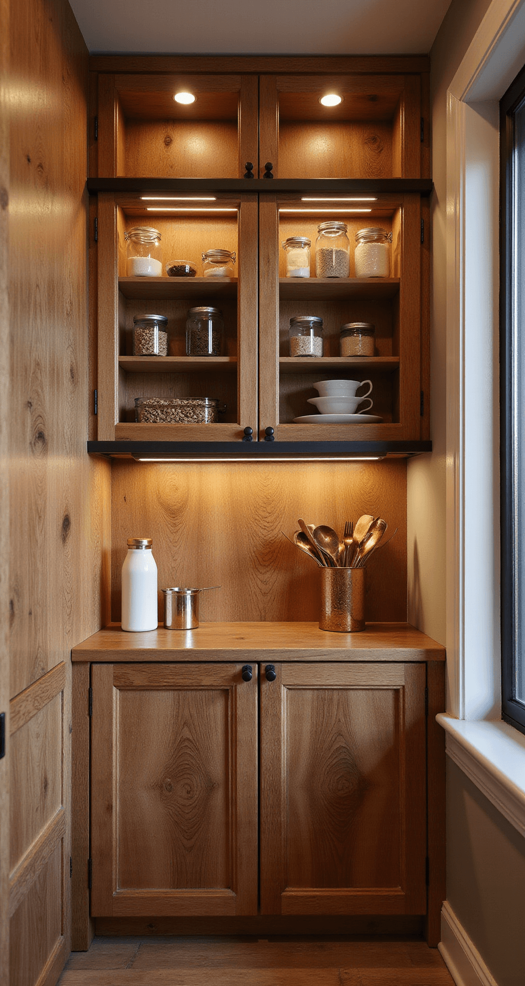 Knotty Alder Kitchen Cabinets: The Ultimate Style Guide for Warm, Rustic Charm Detail shot of a knotty alder pantry wall with glass-front cabinets displaying organized provisions, illuminated by warm LED lighting, featuring a matte black ladder rail, copper measuring cups, and wooden utensils, captured in an elegant, organized setting.