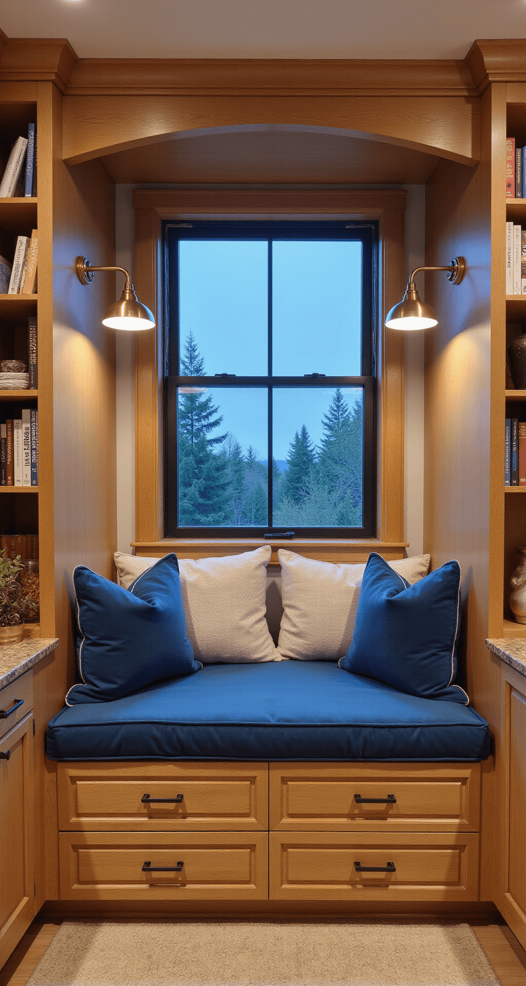Knotty Alder Kitchen Cabinets: The Ultimate Style Guide for Warm, Rustic Charm A cozy kitchen nook at blue hour featuring medium-stained knotty alder built-ins, a window seat with storage drawers, and navy velvet cushions. Brass library lights illuminate a collection of cookbooks on display, accented by mixed metal details. Captured with a 35mm lens at f/2.8, creating an atmospheric blur.