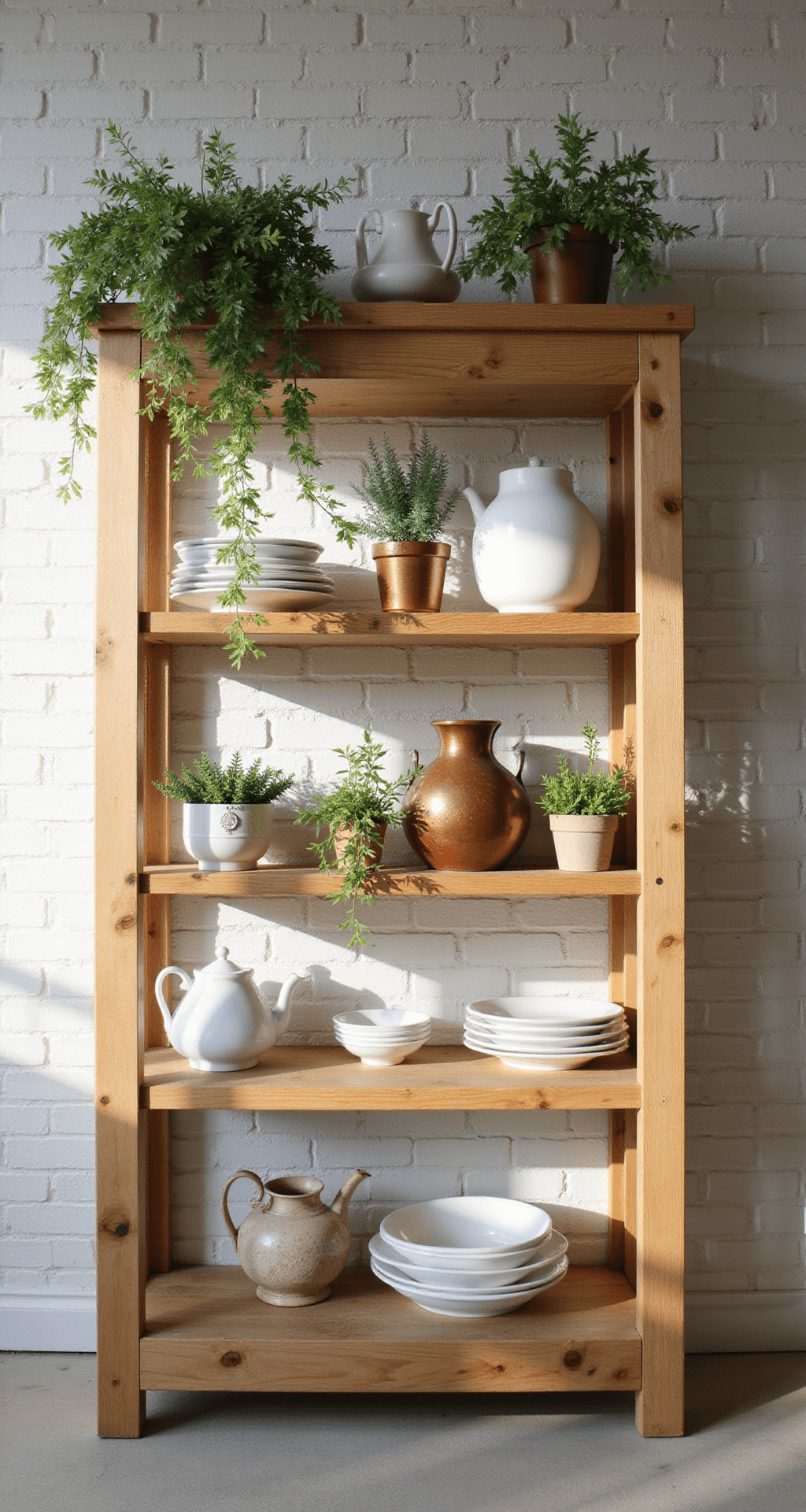 Knotty Alder Kitchen Cabinets: The Ultimate Style Guide for Warm, Rustic Charm A close-up of a knotty alder open shelving unit with a natural finish, showcasing amber undertones and intricate knot patterns. The shelves are styled with a white ironstone collection, vintage copper vessels, and trailing plants against a textured white subway tile backdrop. The image, captured with a 50mm lens at f/2.0, highlights the central shelf in selective focus, illuminated by soft natural light from the left, creating gentle shadows. The overall mood is collected and casually curated.