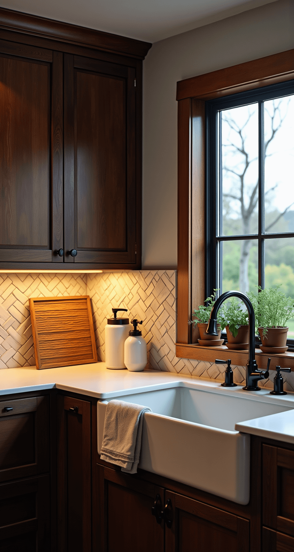 Knotty Alder Kitchen Cabinets: The Ultimate Style Guide for Warm, Rustic Charm A modern farmhouse sink wall at twilight featuring knotty alder cabinets in deep espresso, an apron-front sink, herringbone-pattern ceramic tiles, an aged copper faucet, and styled with tea towels, herbs, and a wooden dish rack, illuminated by warm LED lights and cool natural light.