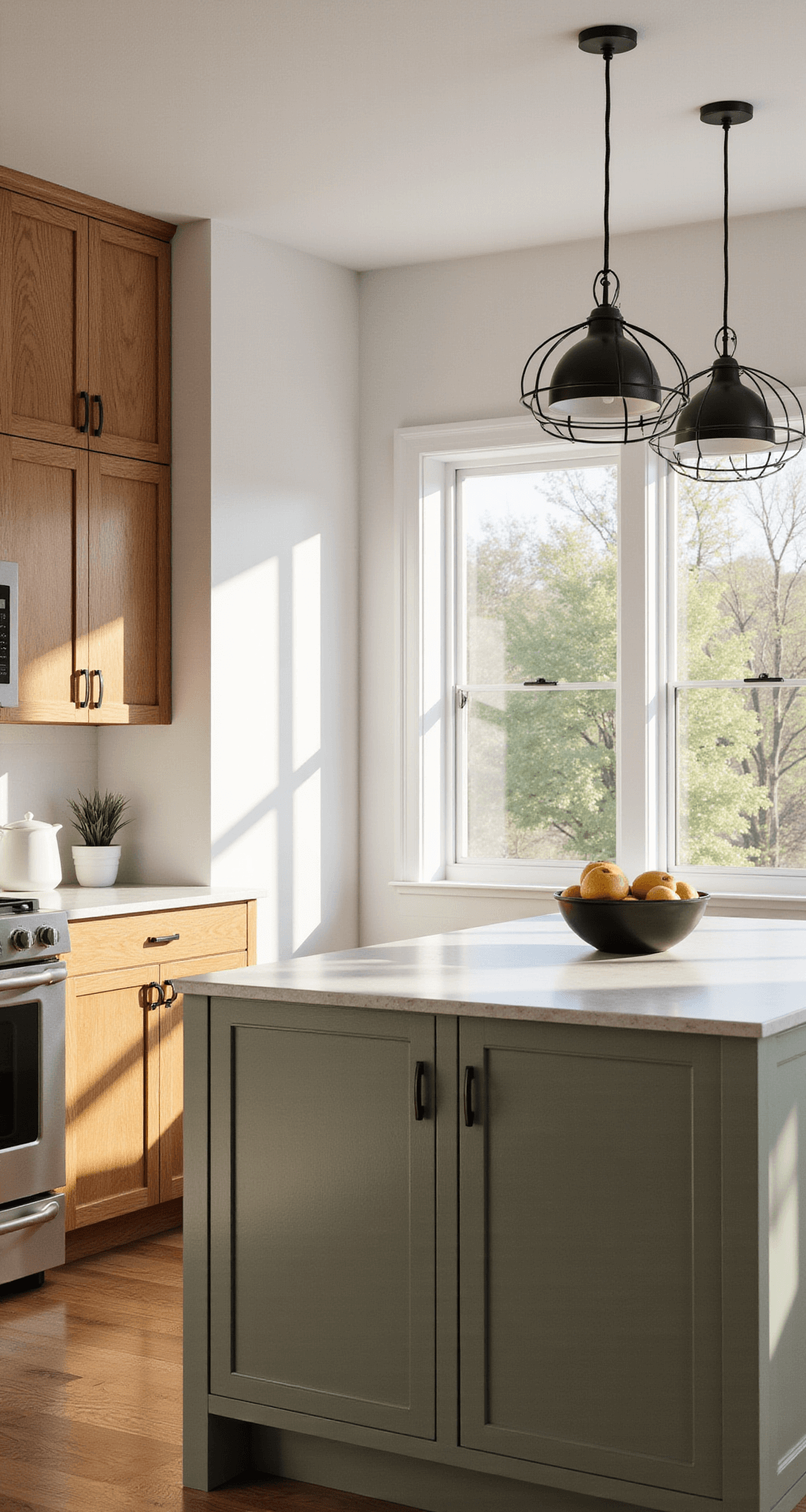 Honey Oak Kitchen Cabinets: Your Ultimate Modern Makeover Guide A bright and airy 12x15ft kitchen featuring honey oak cabinets and sage green island, illuminated by natural light during golden hour, showcasing matte black hardware, modern pendant lights, and minimal white ceramics against crisp white walls.
