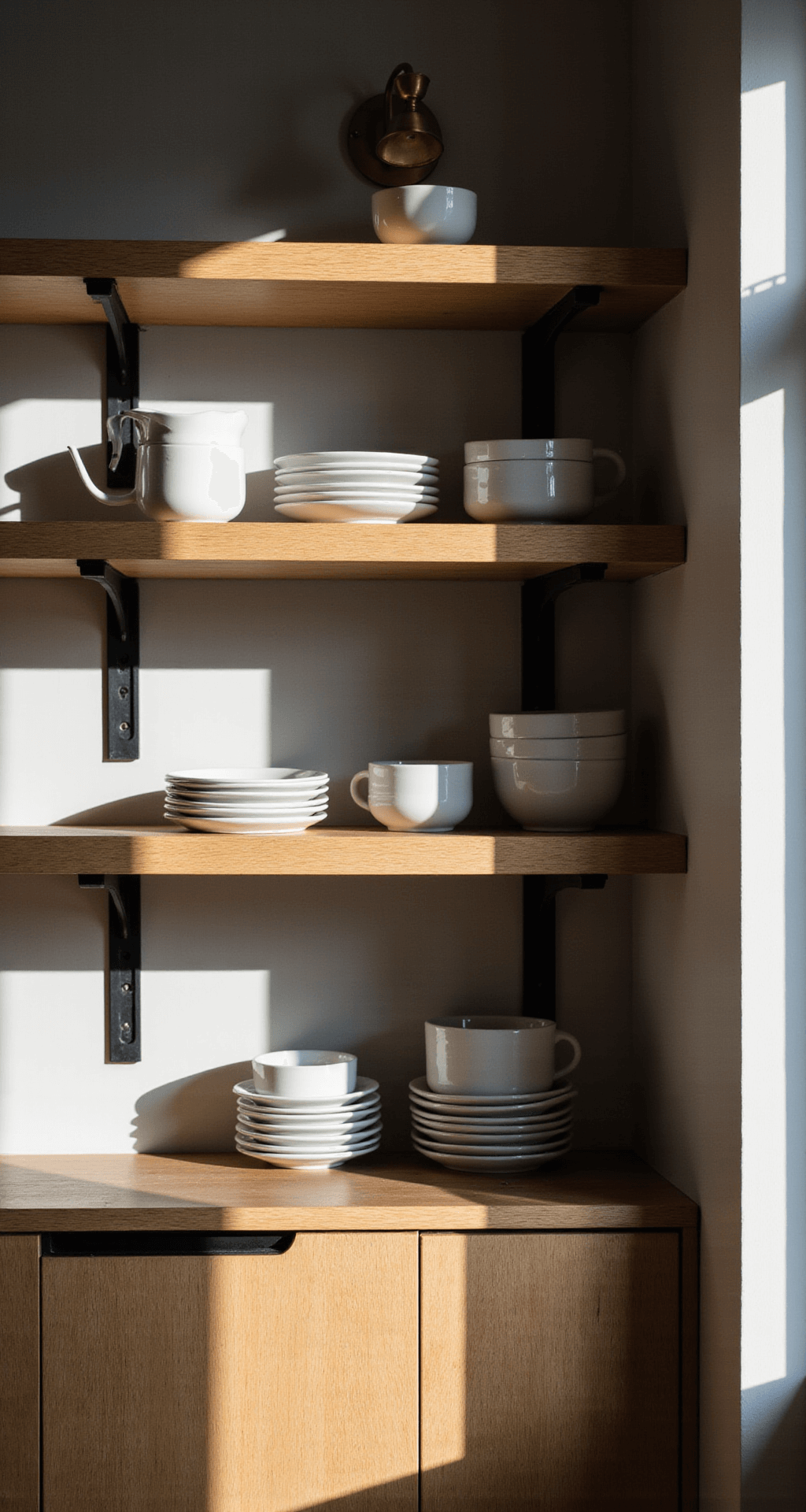 Honey Oak Kitchen Cabinets: Your Ultimate Modern Makeover Guide Intimate view of an updated honey oak kitchen featuring open shelving with black metal brackets, honey oak shelves, and white ceramic dishes, illuminated by late afternoon light and a modern brass sconce, shot straight-on with shallow depth of field for a moody editorial look.