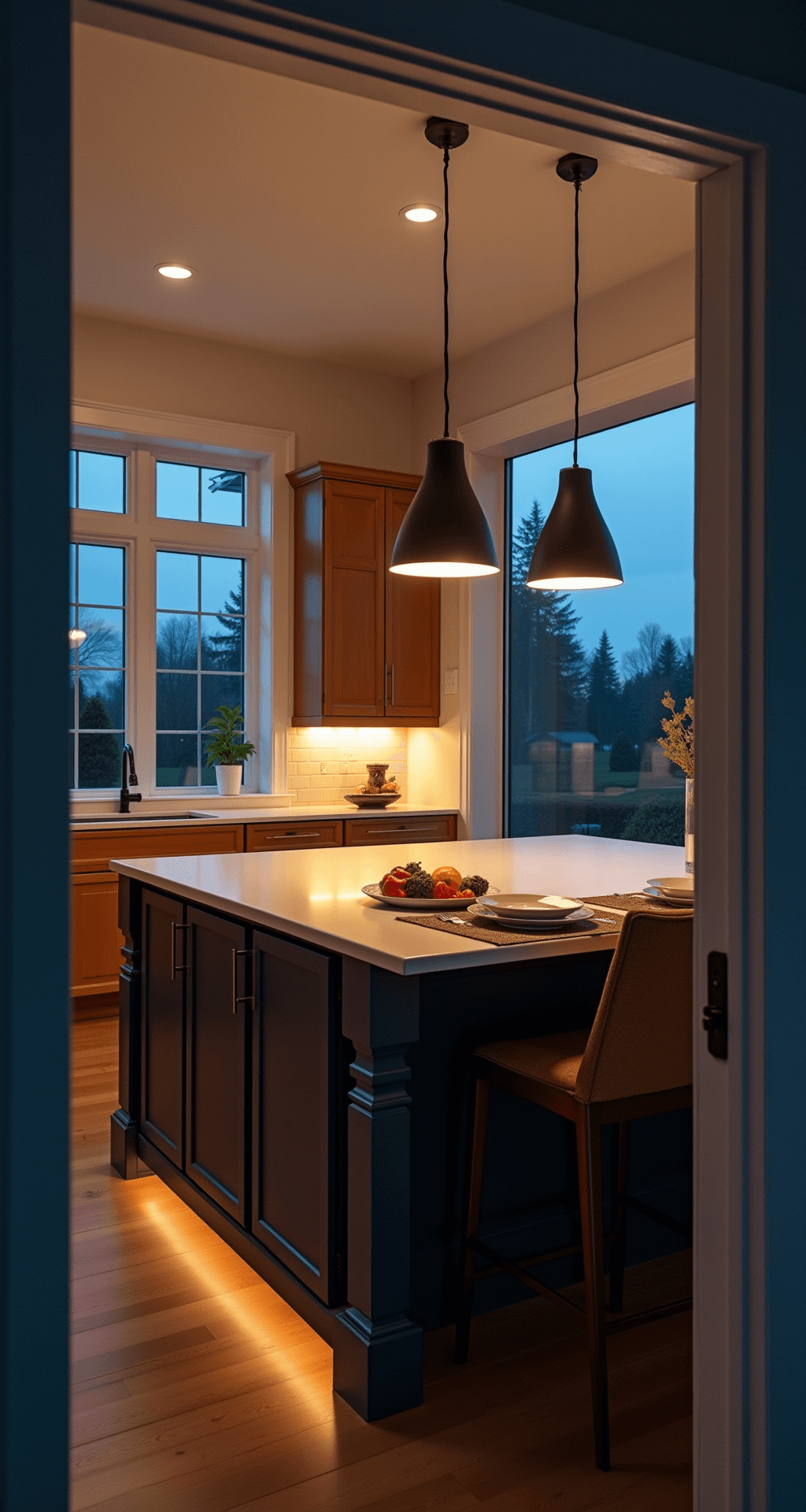 Honey Oak Kitchen Cabinets: Your Ultimate Modern Makeover Guide A cozy kitchen at dusk featuring honey oak cabinets illuminated by under-cabinet LEDs, cool blue light filtering in through windows, and warm illumination from black and brass pendant lights above a navy island, set against white walls that enhance the ambient light.