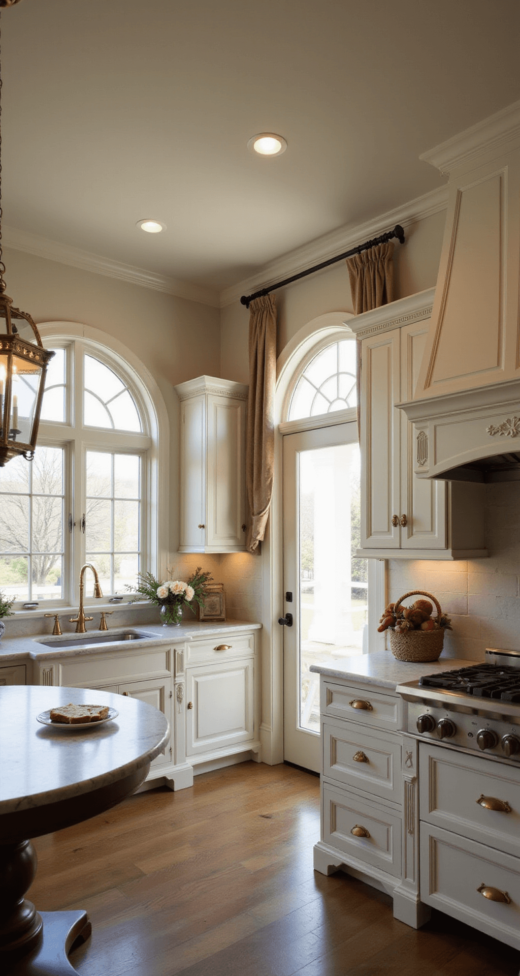 Antique White Kitchen Cabinets: Your Ultimate Design Guide Elegant French country kitchen featuring arched doorways, crown molding, and antique white cabinetry with champagne gold hardware, illuminated by golden hour light filtering through sheer linen curtains, with Carrara marble surfaces and an ornate range hood, creating a soft, romantic atmosphere.