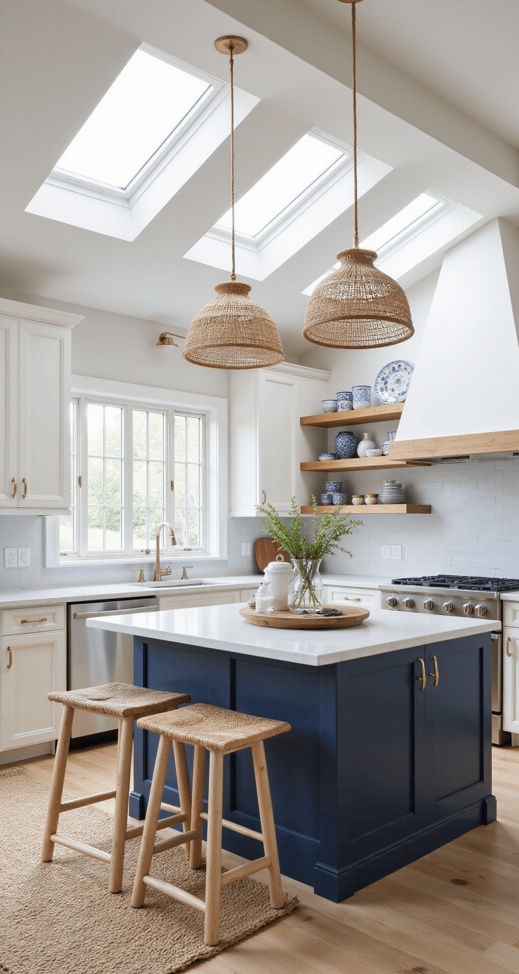 Antique White Kitchen Cabinets: Your Ultimate Design Guide A bright open-concept kitchen featuring a cathedral ceiling, antique white cabinets, a navy blue island with quartz waterfall edges, and white oak floating shelves with blue-and-white ceramics, enhanced by woven pendant lights and bleached wood barstools, captured from a corner angle to emphasize the airy, coastal aesthetic.