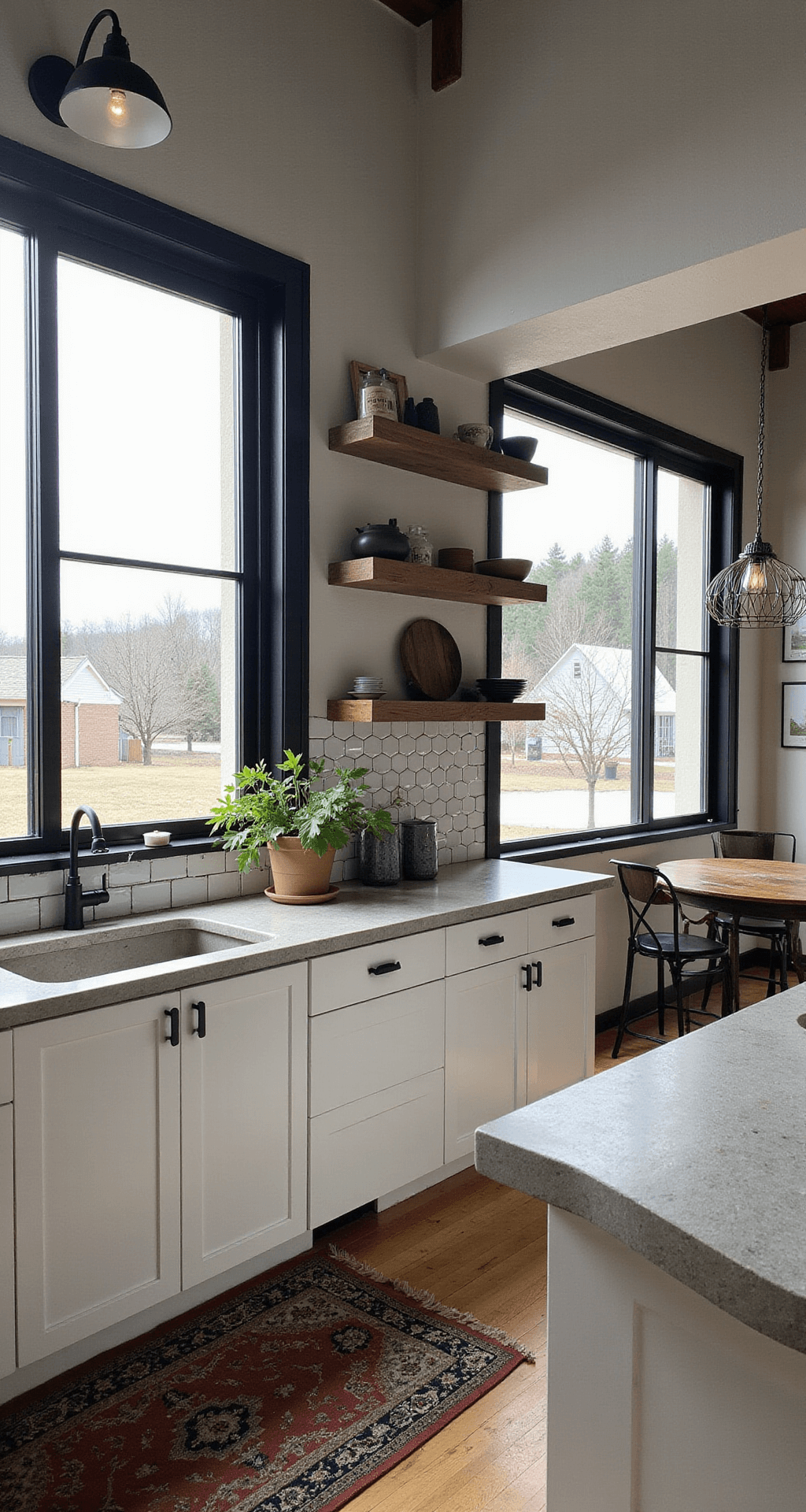 Antique White Kitchen Cabinets: Your Ultimate Design Guide A modern farmhouse kitchen featuring steel-framed windows, antique white cabinets with matte black hardware, raw wood open shelving, concrete countertops, and a hexagon tile backsplash, illuminated by overcast natural light. Industrial-style black pendant lights hang above, and a vintage rug adds warmth, creating a moody, contemporary atmosphere.