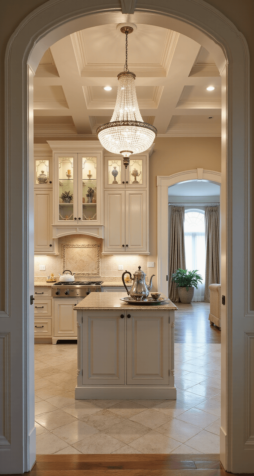 Antique White Kitchen Cabinets: Your Ultimate Design Guide A sophisticated kitchen featuring a coffered ceiling and crystal chandelier, antique white cabinets with glass-front displays, Calacatta gold marble countertops, and a silver tea service on a butler's tray, captured from a low angle to emphasize depth and elegance.