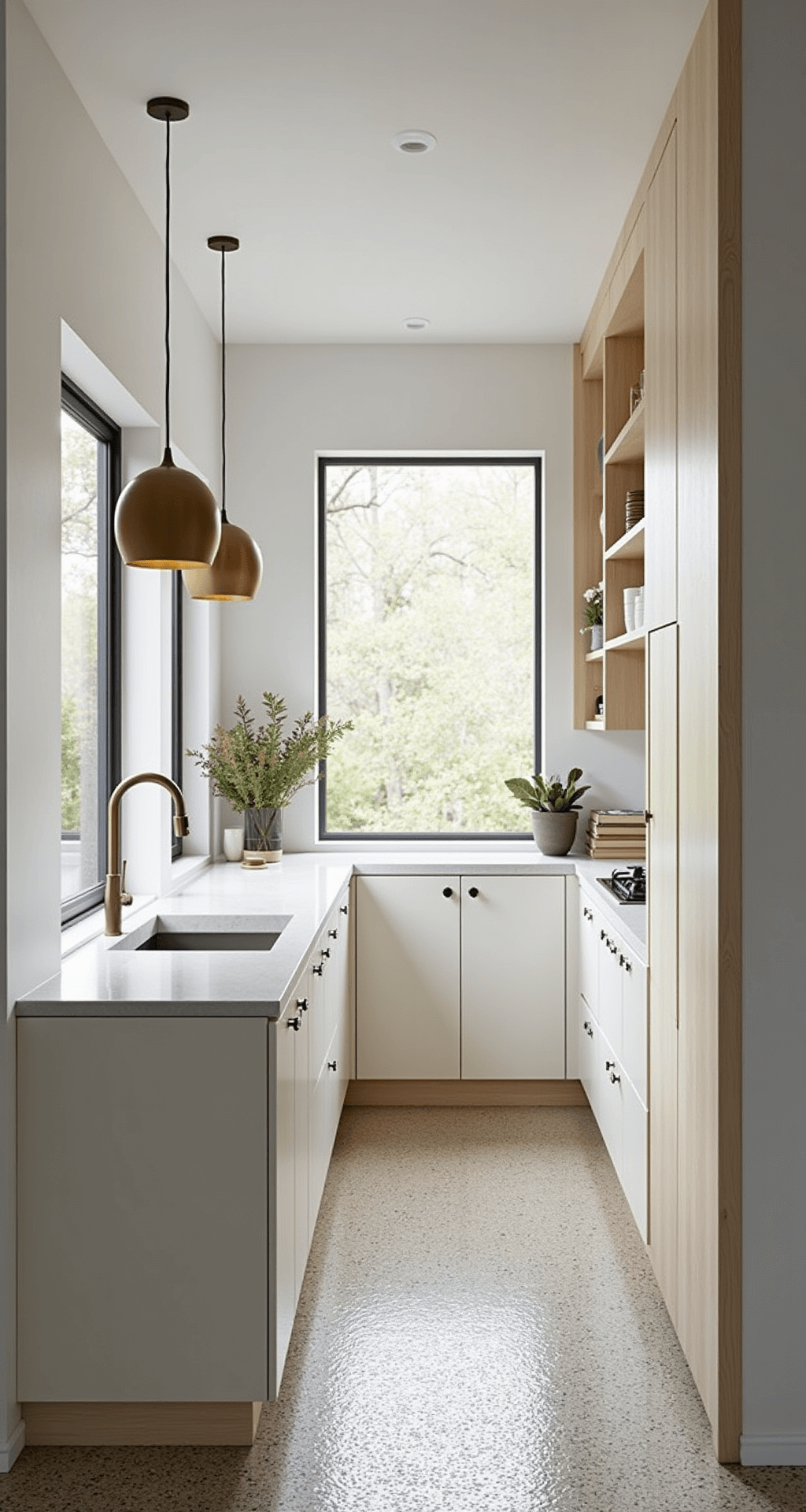 Antique White Kitchen Cabinets: Your Ultimate Design Guide A minimalist Nordic kitchen featuring floor-to-ceiling windows, sleek antique white slab cabinets, pale ash wood accents, and white stone countertops, illuminated by diffused afternoon light, with brushed brass pendant lights and terrazzo flooring, viewed from above to showcase clean lines and a serene atmosphere.