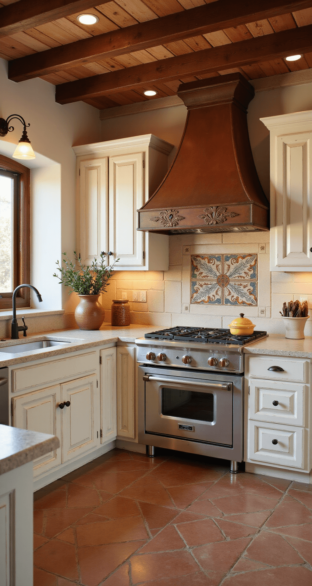 Antique White Kitchen Cabinets: Your Ultimate Design Guide Rustic Mediterranean kitchen featuring terracotta tile floors, wooden ceiling beams, antique white cabinets, limestone countertops, and a copper range hood, illuminated by warm evening light from wrought iron sconces, with olive branches in an earthenware vase.
