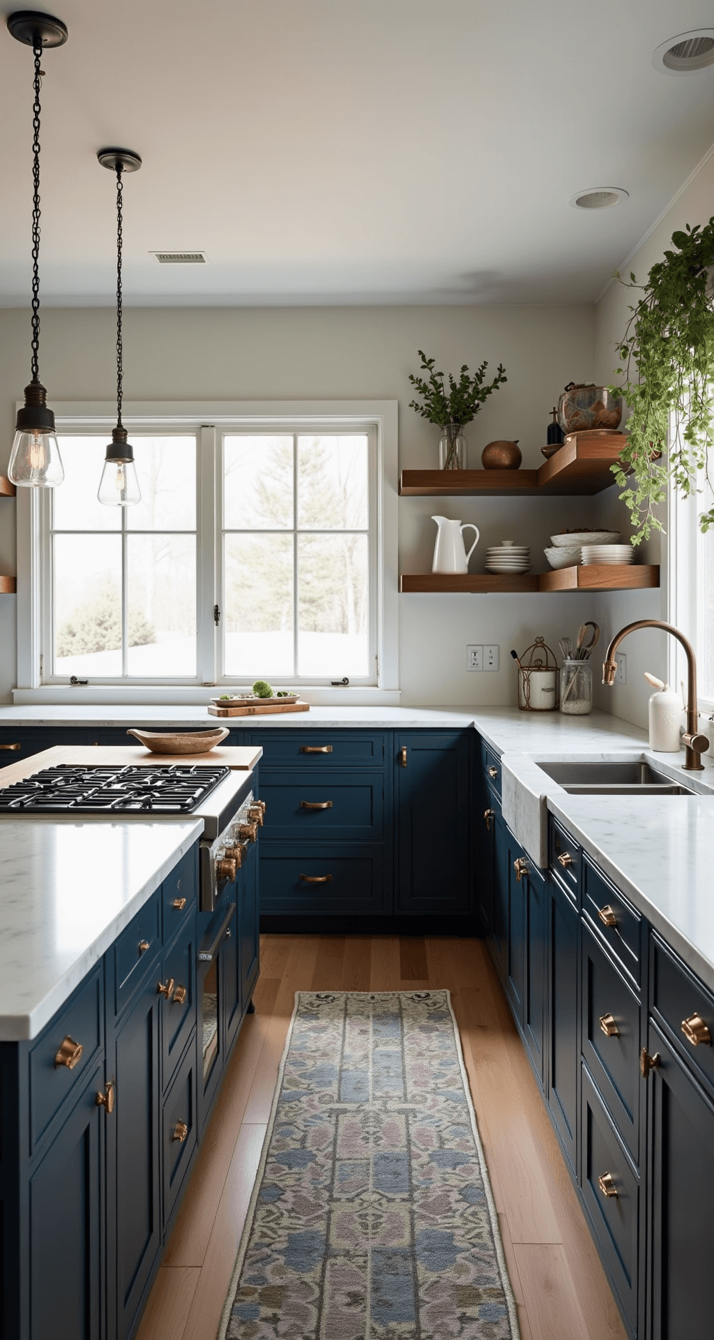 Dark Blue Kitchen Cabinets: Transform Your Space with Timeless Elegance A warm and inviting modern farmhouse kitchen featuring dark navy cabinets with brass hardware, white marble countertops, a butcher block island, wide plank white oak floors, and large windows allowing early morning sunlight to stream in, accented by under-cabinet warm LED lights, copper cookware on open shelves, and fresh eucalyptus in white ceramic vases.