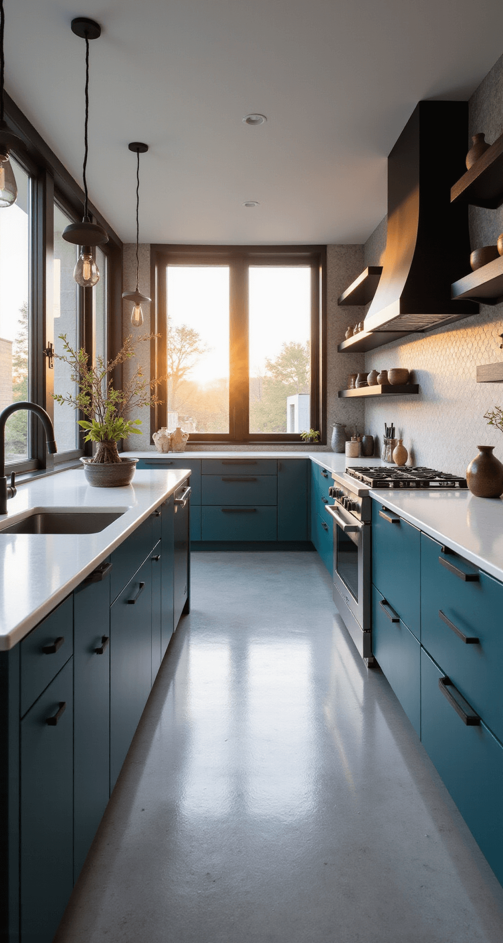 Dark Blue Kitchen Cabinets: Transform Your Space with Timeless Elegance A contemporary galley kitchen featuring glossy deep teal cabinets with matte black hardware, pearl white waterfall quartz countertops, and a geometric grey herringbone backsplash. The space is illuminated by golden hour sunlight streaming through floor-to-ceiling windows, showcasing floating shelves with minimalist pottery and smoked glass pendant lights, all complemented by stainless steel appliances.
