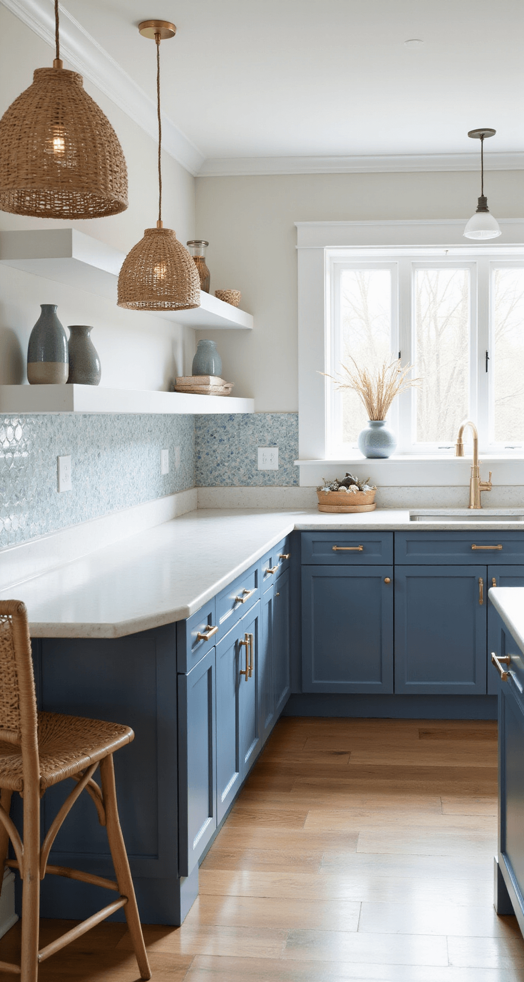 Dark Blue Kitchen Cabinets: Transform Your Space with Timeless Elegance Coastal-inspired L-shaped kitchen with Smoky Blue lower cabinets, white uppers, and a textured glass backsplash. Sunlight streams through a bay window, highlighting brushed gold hardware and white quartz counters. Rattan pendant lights and woven bar stools enhance the airy atmosphere, complemented by blue-grey ceramic vases with coastal grasses against a white shiplap accent wall.