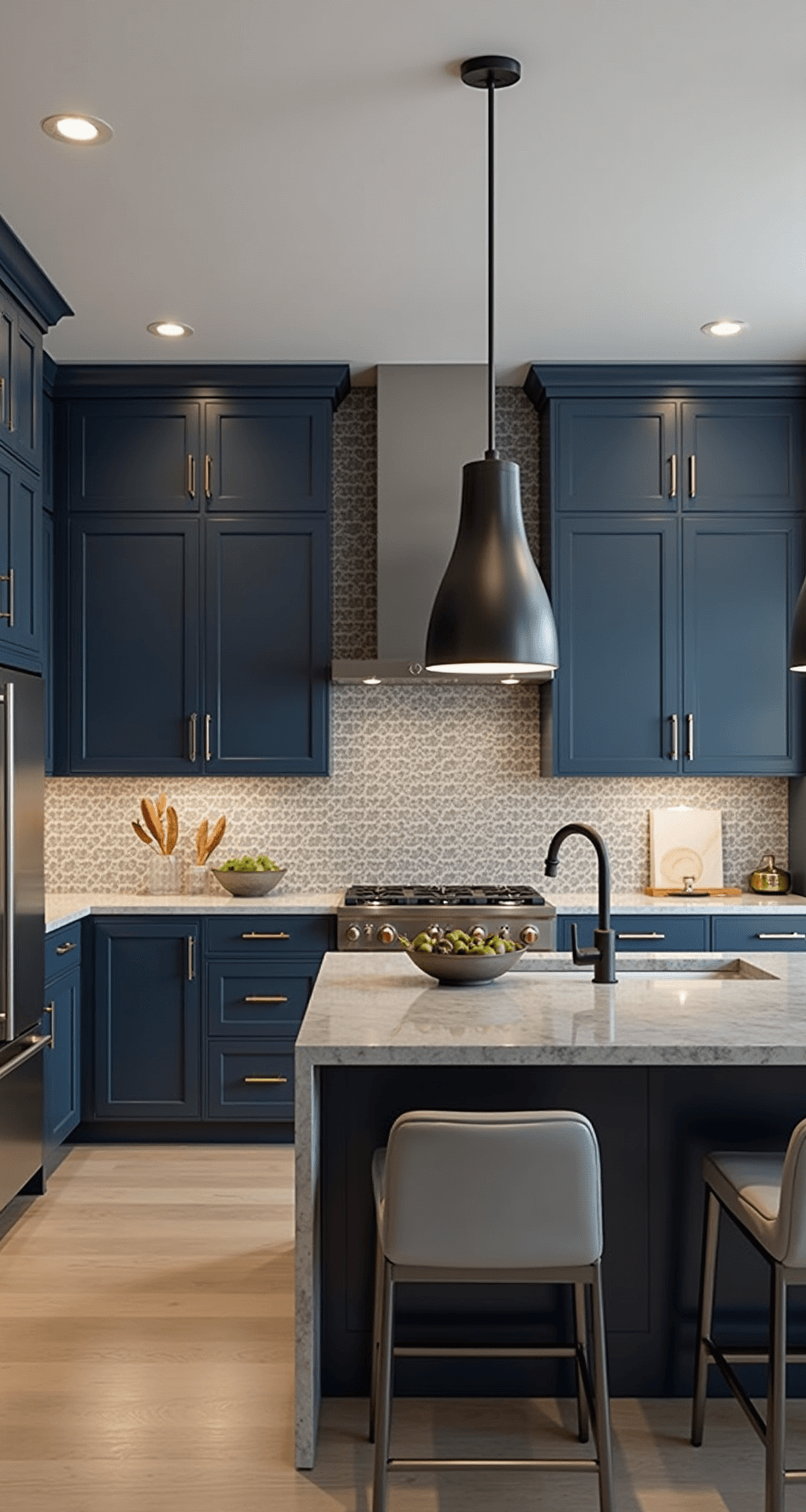 Dark Blue Kitchen Cabinets: Transform Your Space with Timeless Elegance Transitional open-concept kitchen with navy blue cabinets, stainless steel accents, and warm grey engineered quartz counters, featuring dusk lighting and oversized black metal pendants, seamlessly flowing into a dining area. The glass mosaic backsplash includes metallic elements, complemented by modern grey leather bar stools.