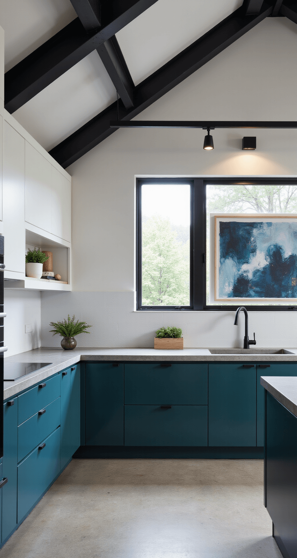 Dark Blue Kitchen Cabinets: Transform Your Space with Timeless Elegance A modern kitchen featuring two-tone deep teal and white cabinets, concrete countertops, and minimalist matte black hardware, illuminated by studio lighting. The low-angle view highlights geometric ceiling details and oversized abstract art in blues and greys, complemented by black steel-framed windows.