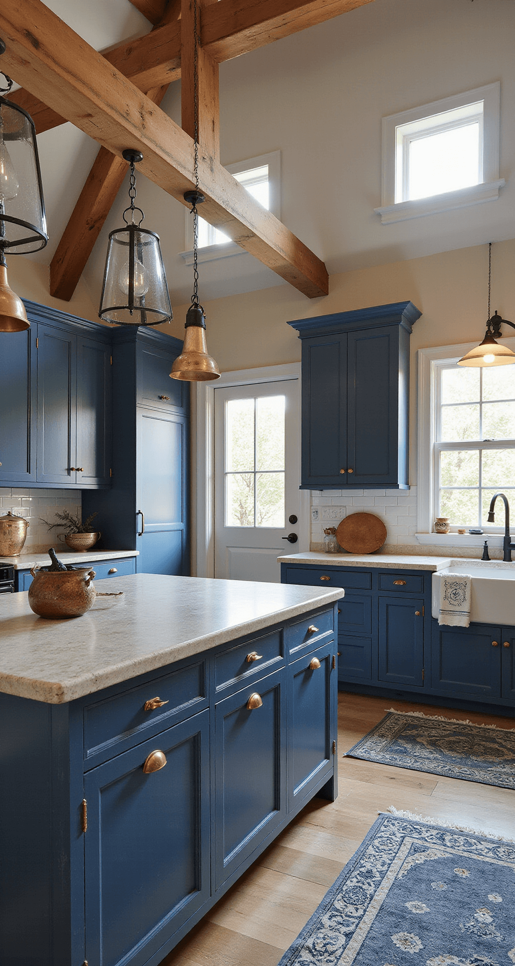 Dark Blue Kitchen Cabinets: Transform Your Space with Timeless Elegance A rustic-modern kitchen featuring distressed navy cabinets with copper hardware, reclaimed wood island top, and limestone counters, illuminated by morning light through skylights. The space showcases iron pendant lights, a cathedral ceiling with exposed wooden beams, antique copper pots, handmade ceramic tiles in blue tones, and a vintage indigo rug, creating a cozy and authentic atmosphere.