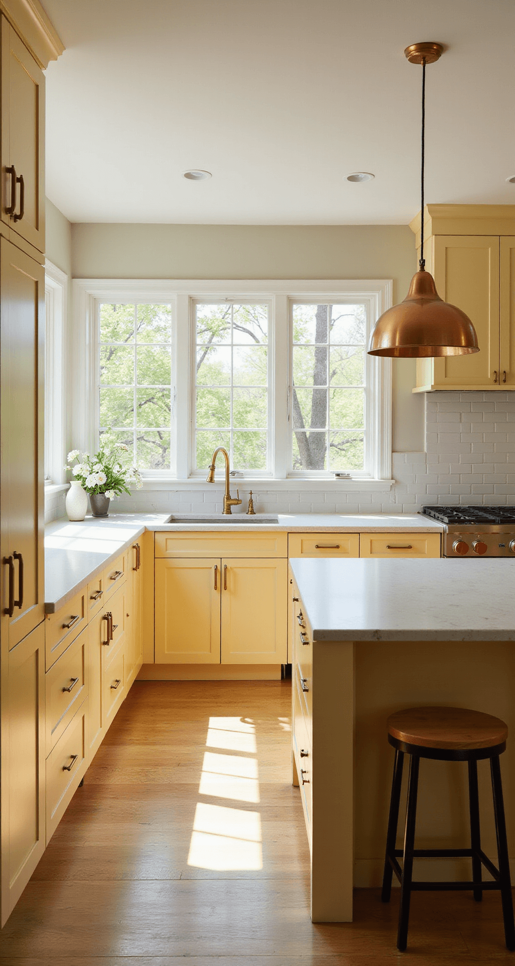 Yellow Kitchen Cabinets: Bring Sunshine into Your Culinary Space A bright, modern kitchen with butter yellow Shaker-style cabinets, large east-facing windows, a central island with matte white quartz countertops, and vintage copper pendants, showcasing a warm and inviting atmosphere.