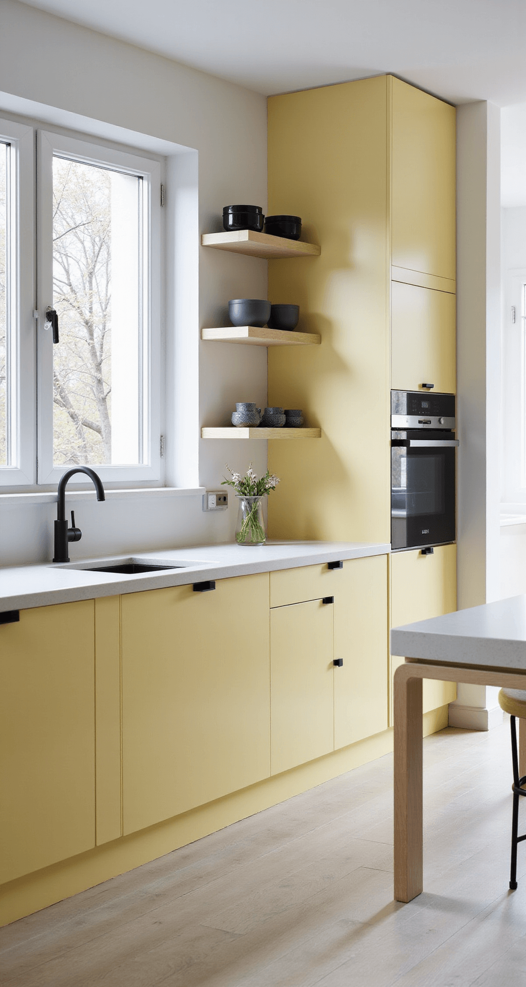 Yellow Kitchen Cabinets: Bring Sunshine into Your Culinary Space Modern Scandinavian kitchen with pastel yellow slab cabinets and white counters, featuring floor-to-ceiling windows, pale ash flooring, minimalist black fixtures, and floating shelves adorned with ceramics, showcasing integrated appliances and a serene, sophisticated atmosphere.