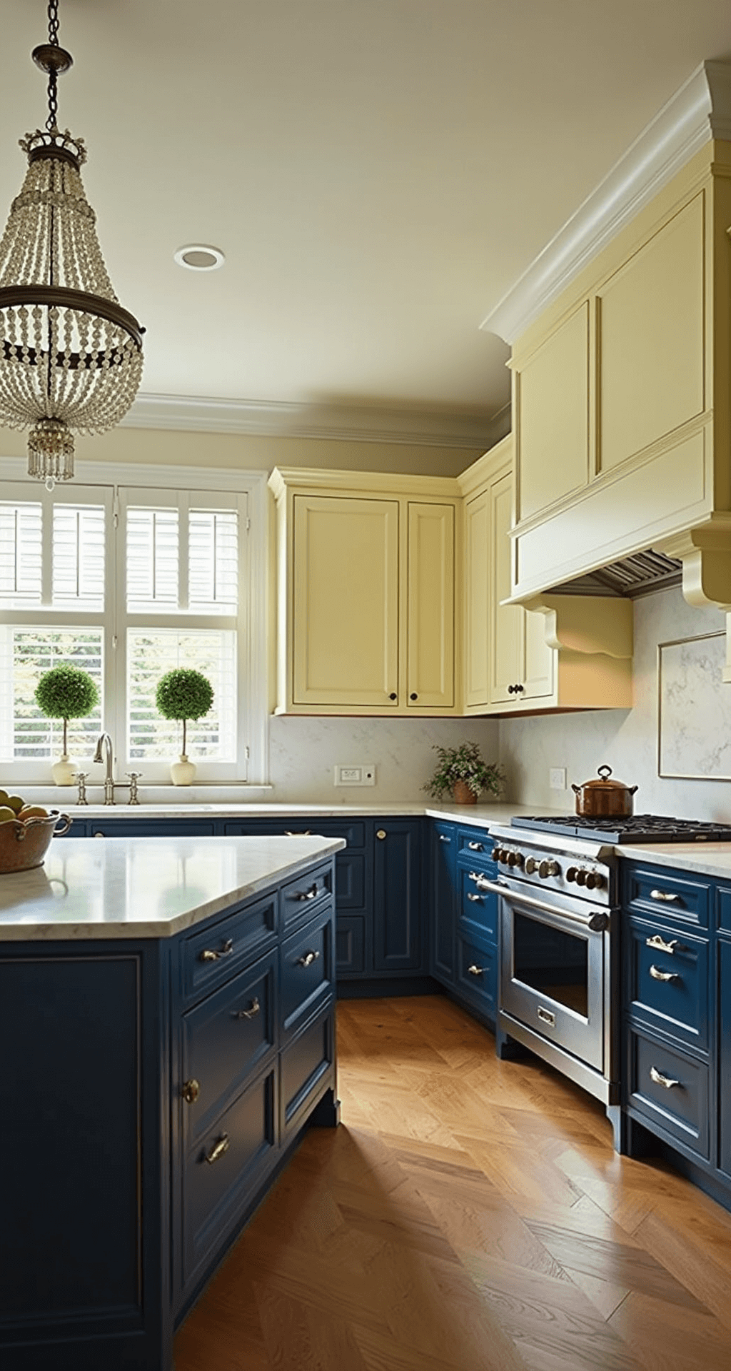 Yellow Kitchen Cabinets: Bring Sunshine into Your Culinary Space A luxurious traditional kitchen featuring butter yellow upper cabinets and navy lower cabinets, illuminated by afternoon light through plantation shutters. It boasts Carrara marble counters, polished nickel hardware, and a crystal chandelier over the island. Topiaries decorate the windows, and herringbone wood floors add elegance, all captured from a low angle to highlight the ceiling height and refined proportions.