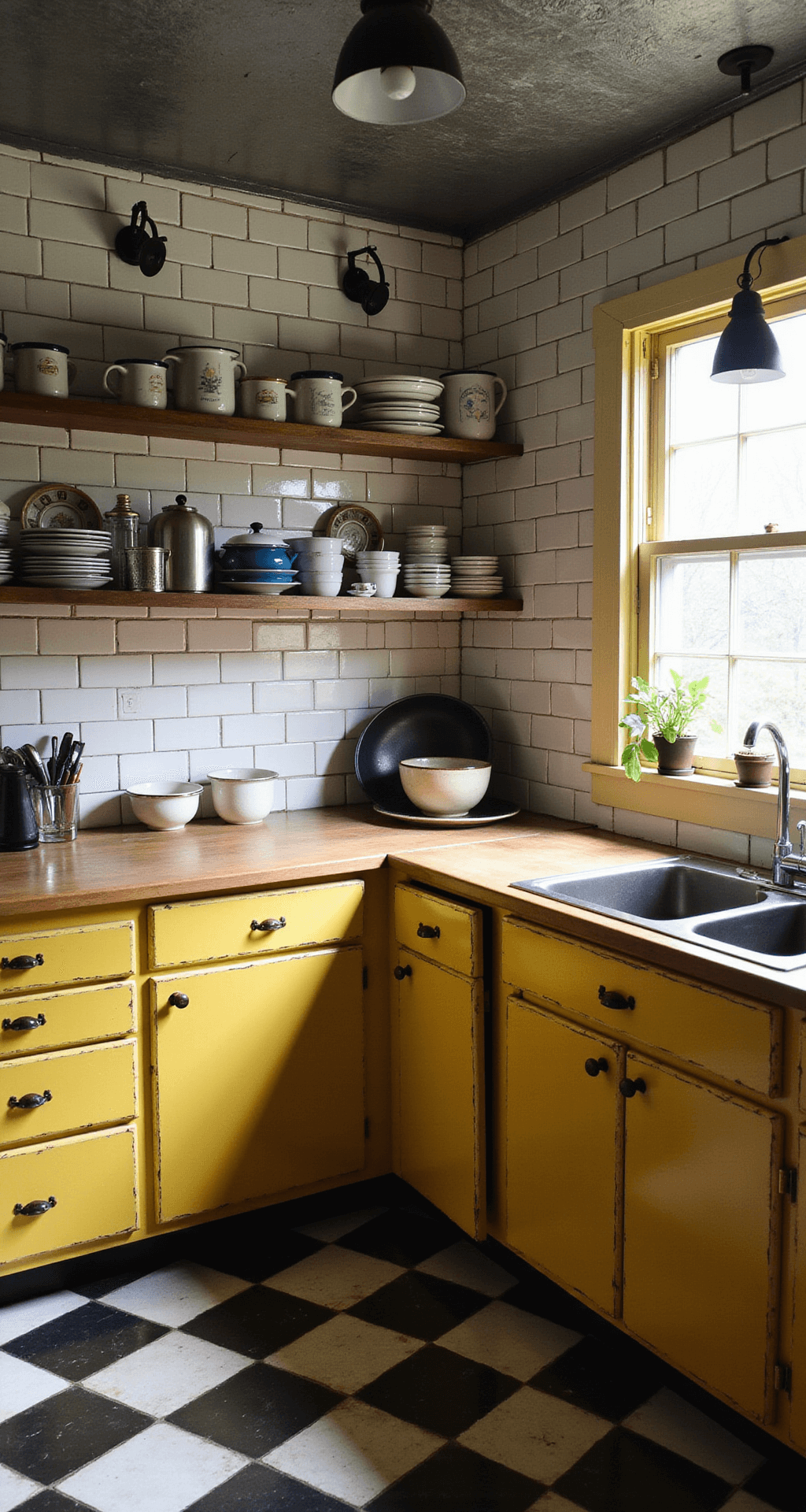 Yellow Kitchen Cabinets: Bring Sunshine into Your Culinary Space A vintage-inspired kitchen featuring distressed sunshine yellow cabinets, butcher block counters, and a black and white checkered floor, illuminated by moody lighting and schoolhouse pendant lights, with open shelving displaying enamelware and tin ceiling tiles above, shot from a corner angle to capture the full room depth.